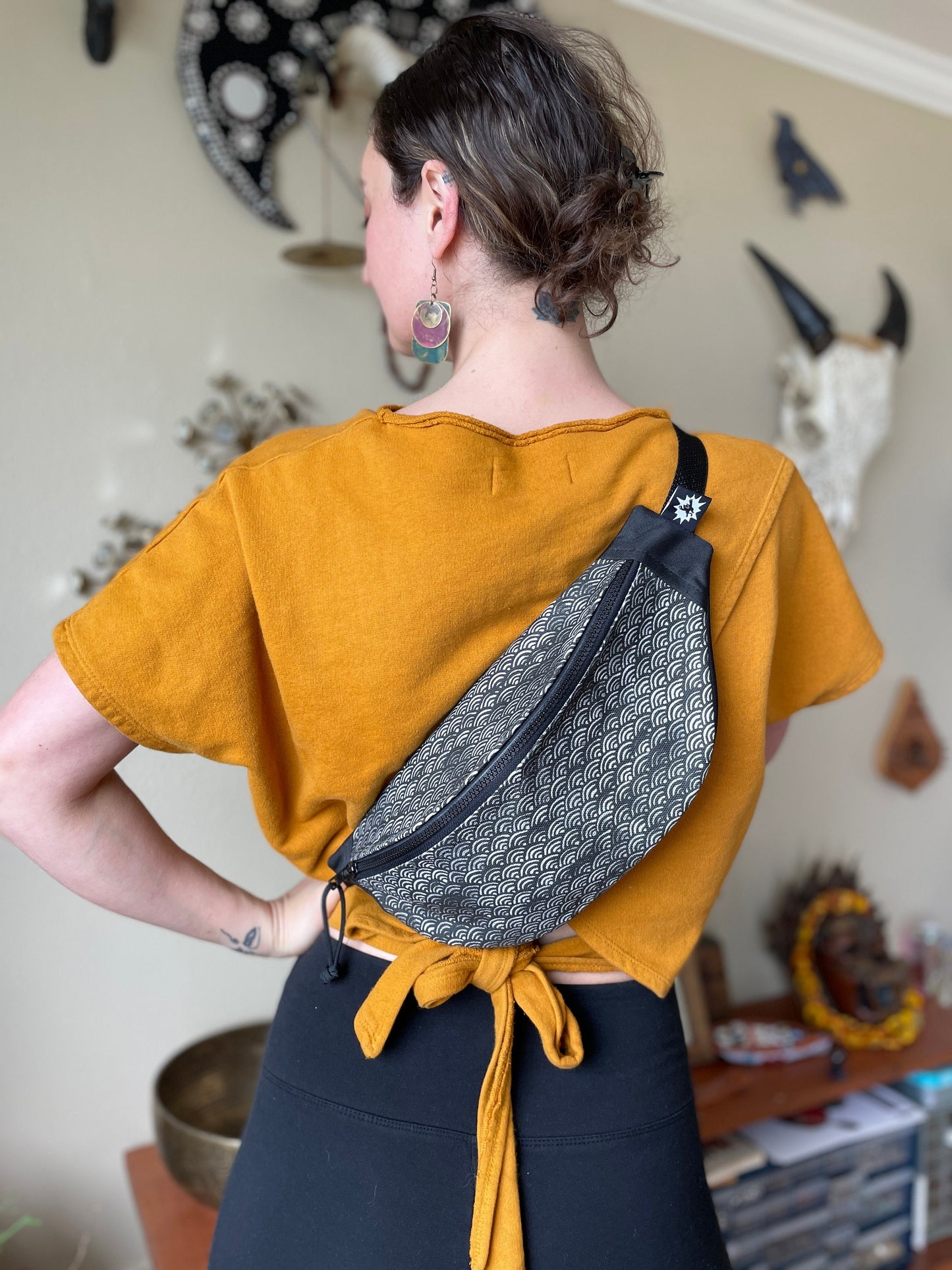 Japanese Block Print Bag in Black with Grey