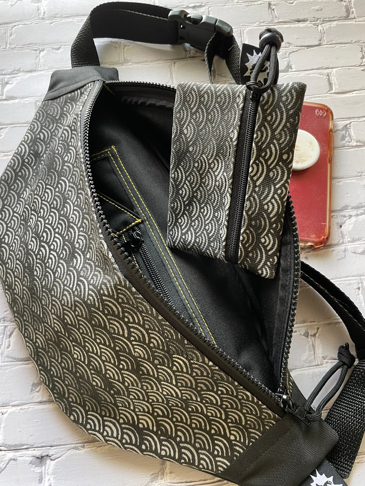 Japanese Block Print Bag in Black with Grey