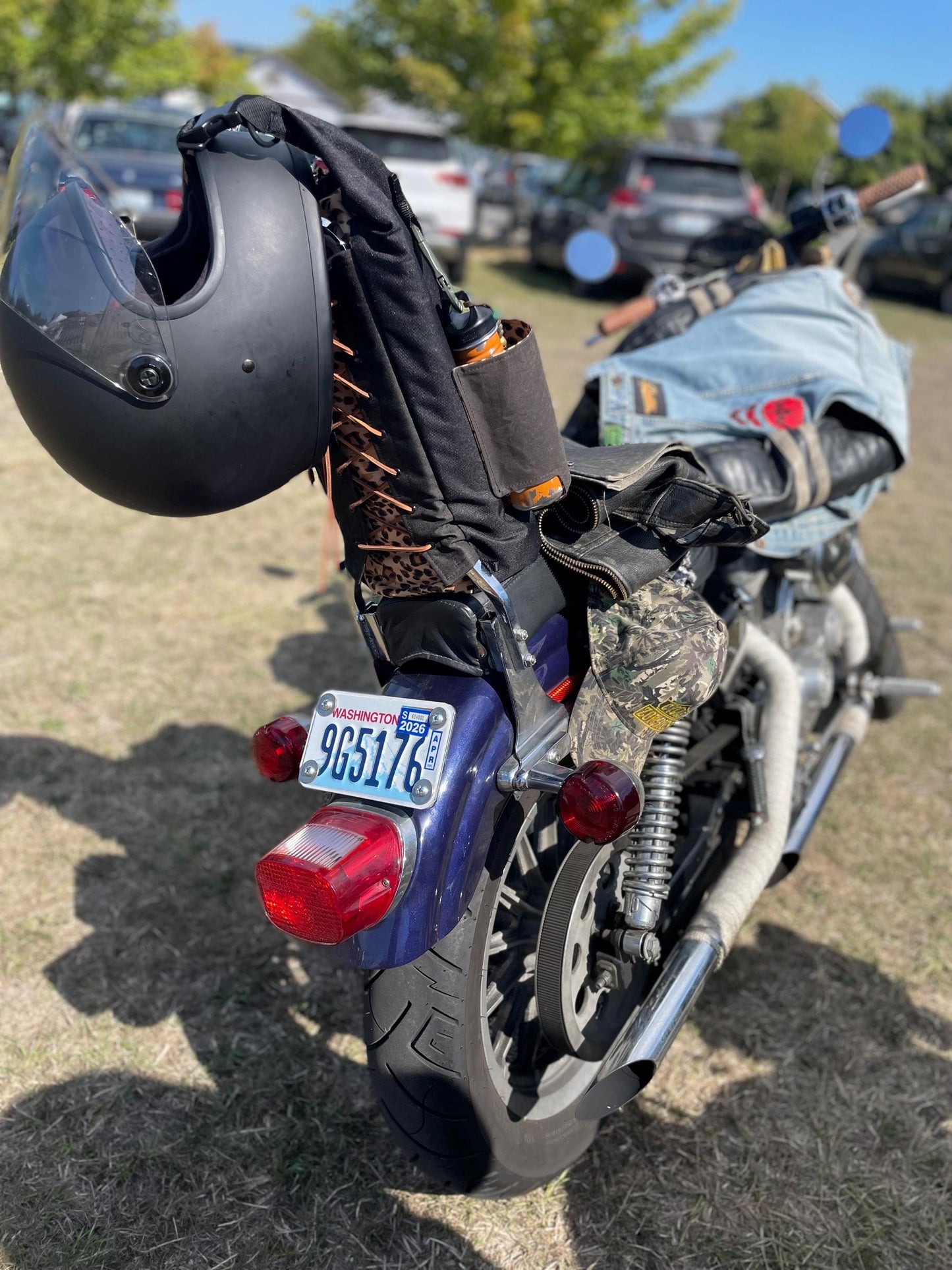 Attack Cat Bags Sissy Bar Bag – Waxed Canvas Roll Top Moto Bag with Leather Lace Back | Custom Prints | Motorcycle Gear Sack (10L)