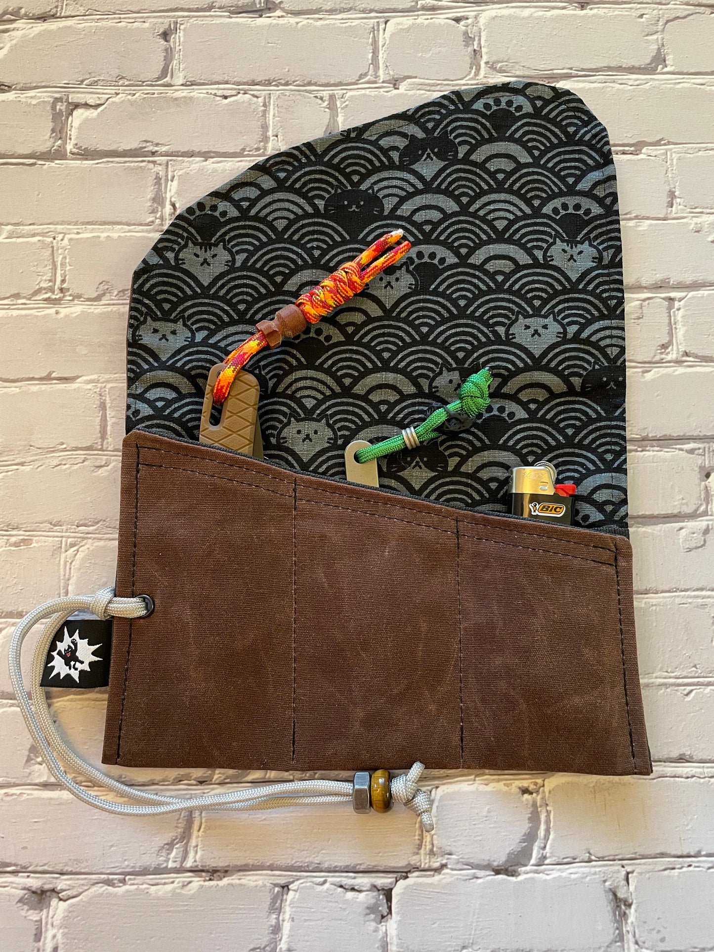 EDC Tool Roll | Waxed Canvas Tool Pouch | Every Day Carry Gear | Edc Pocket Organizer | Knife Roll | Seigaiha Wave Hank| Cat Wave Red