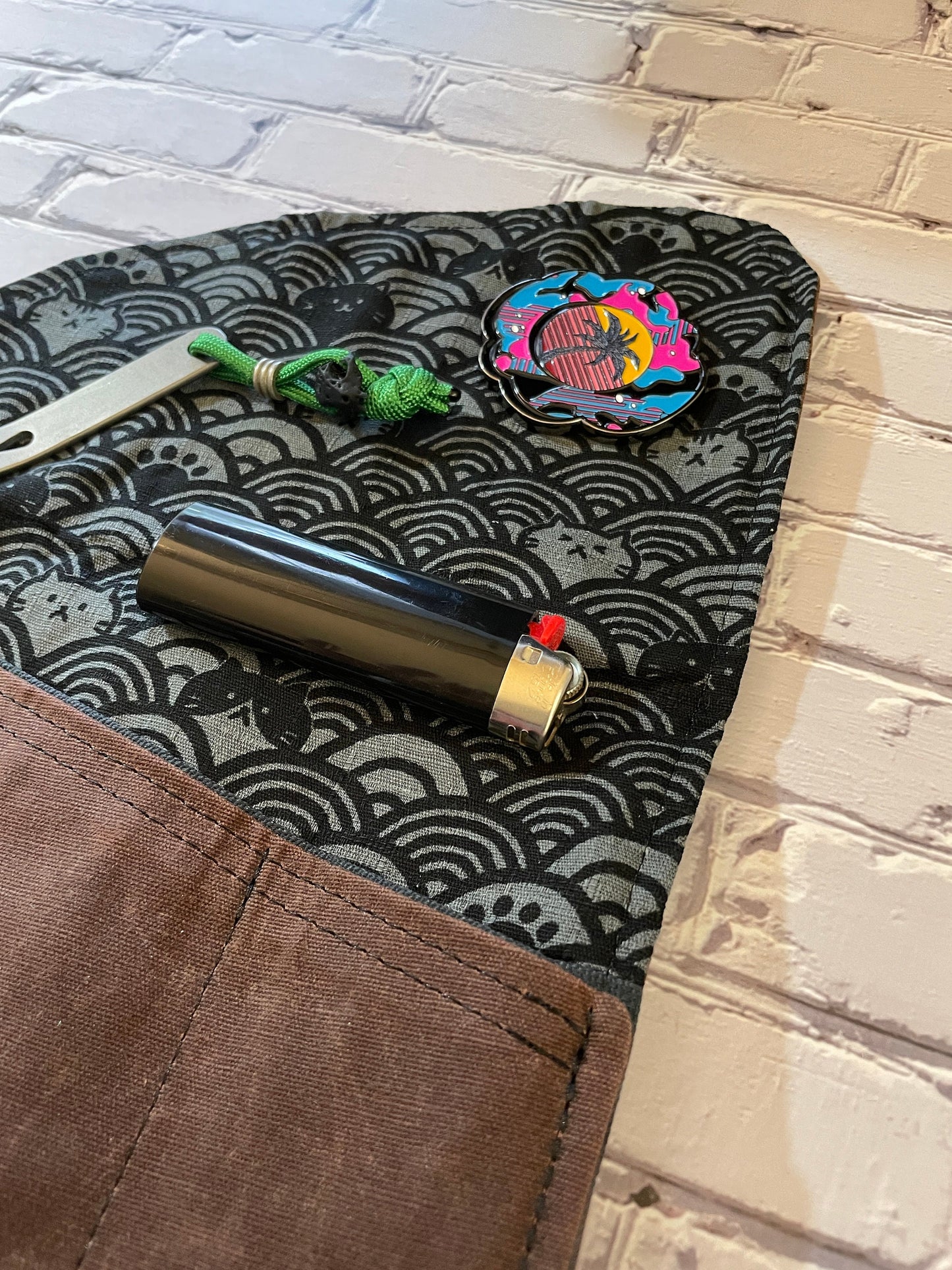 EDC Tool Roll | Waxed Canvas Tool Pouch | Every Day Carry Gear Bag | Pocket Organizer | Knife Roll | Pocket Dump Display Hank |Grey cat wave