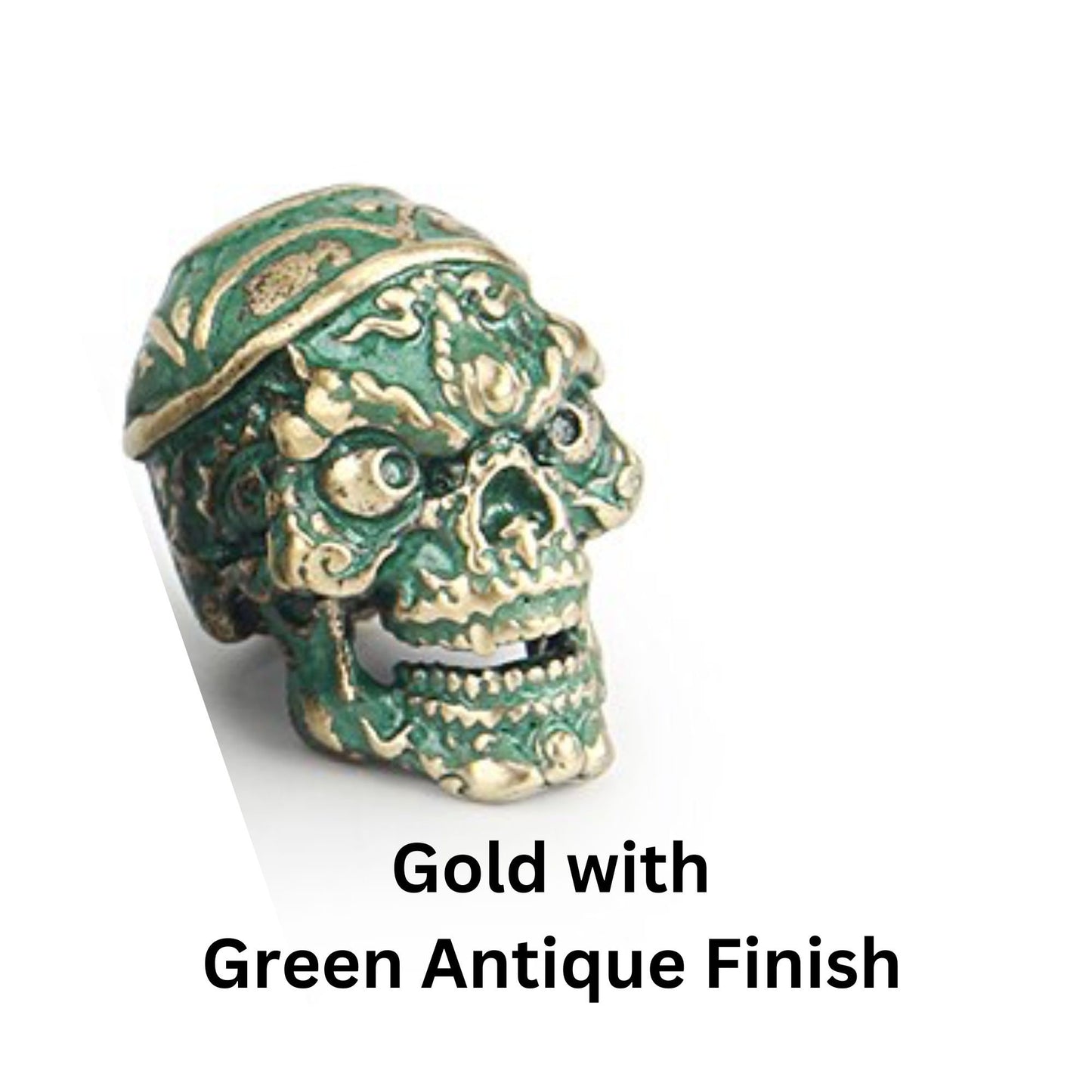 Green Scull EDC Knife Paracord Bead | Brass Bead | EDC Gear | Everyday Carry | Hank Bead | Large Hole Bead | Ornate Design Antique Finish