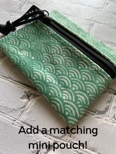 Load image into Gallery viewer, Japanese Seigaiha Block Print Style Waxed Canvas Sling Bag for Women or Men | Bum Bag | Hip Bag | Cross Body | Fanny Pack Vintage Jade Green
