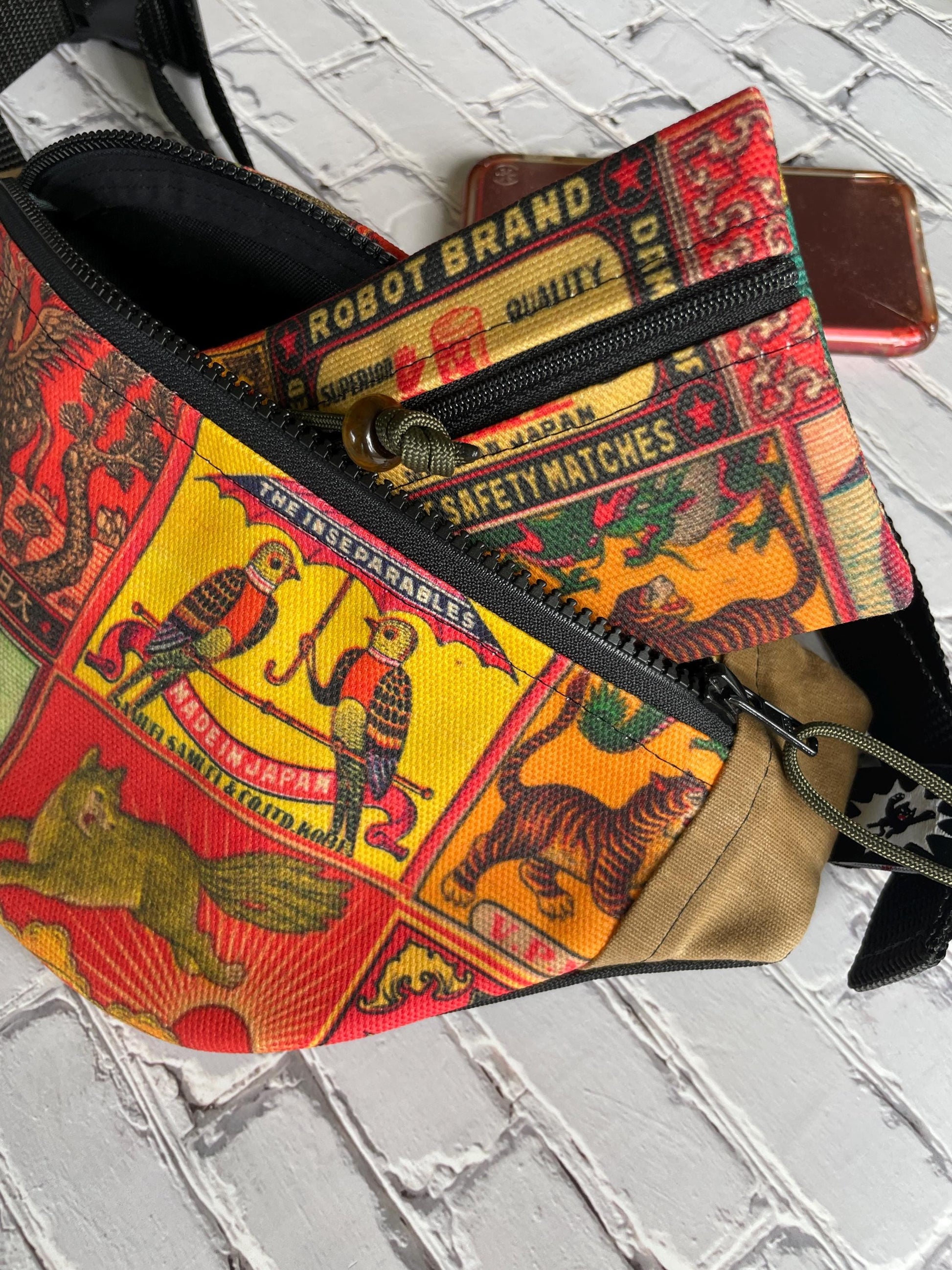 Japanese Vintage Art Waxed Canvas Sling Bag | Handmade in the USA | Plus Sized Belts Available