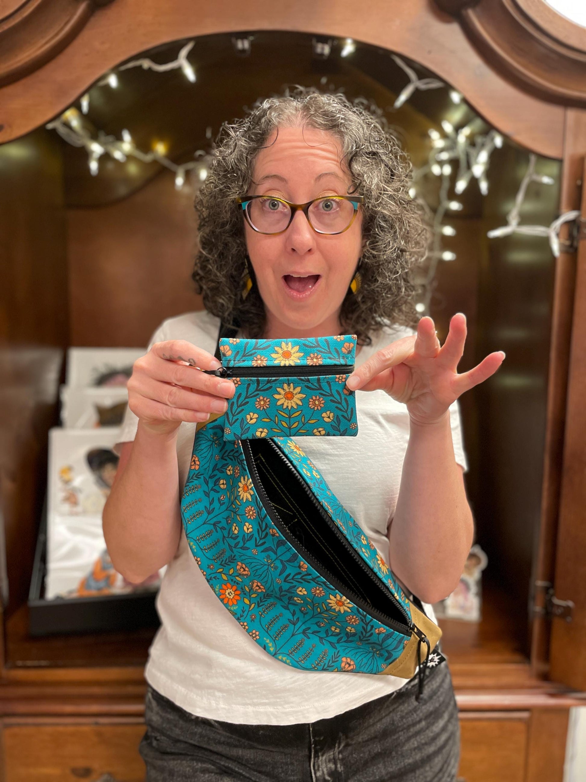 Teal Flowers Waxed Canvas Sling Bag Purse Set | Handmade in the USA | Plus Sized Belts Available