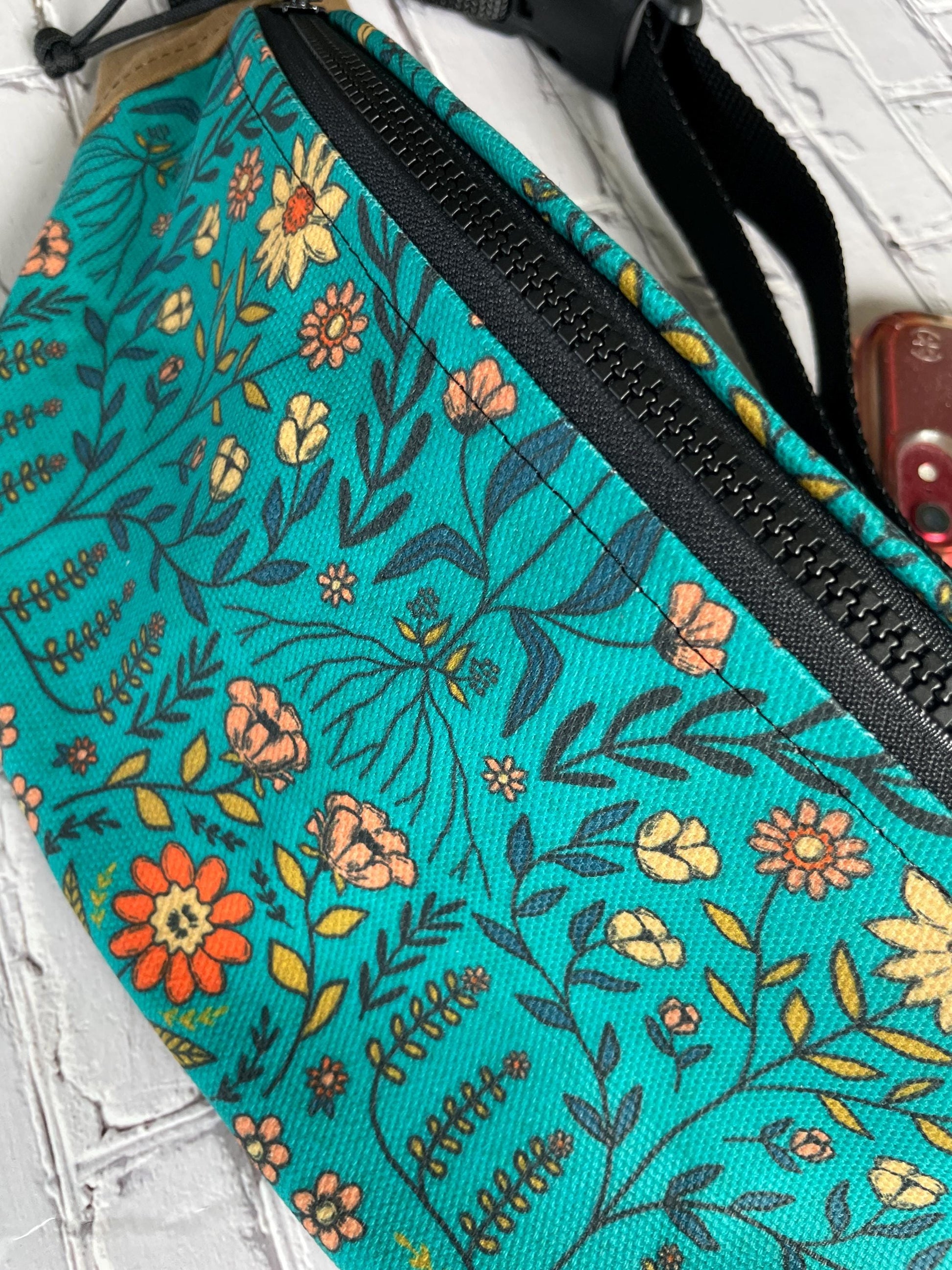 Teal Flowers Waxed Canvas Sling Bag Purse Set | Handmade in the USA | Plus Sized Belts Available