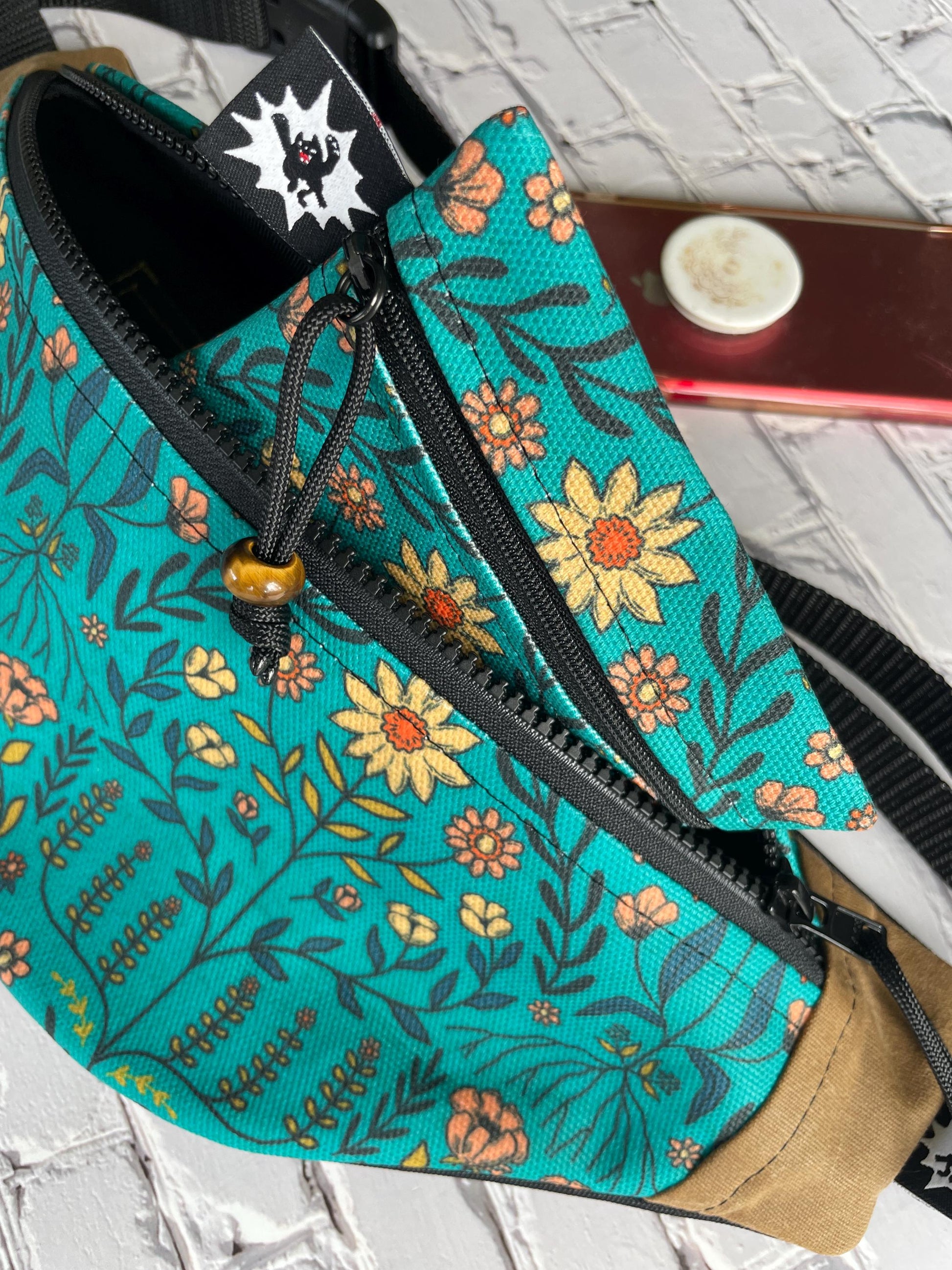 Teal Flowers Waxed Canvas Sling Bag Purse Set | Handmade in the USA | Plus Sized Belts Available