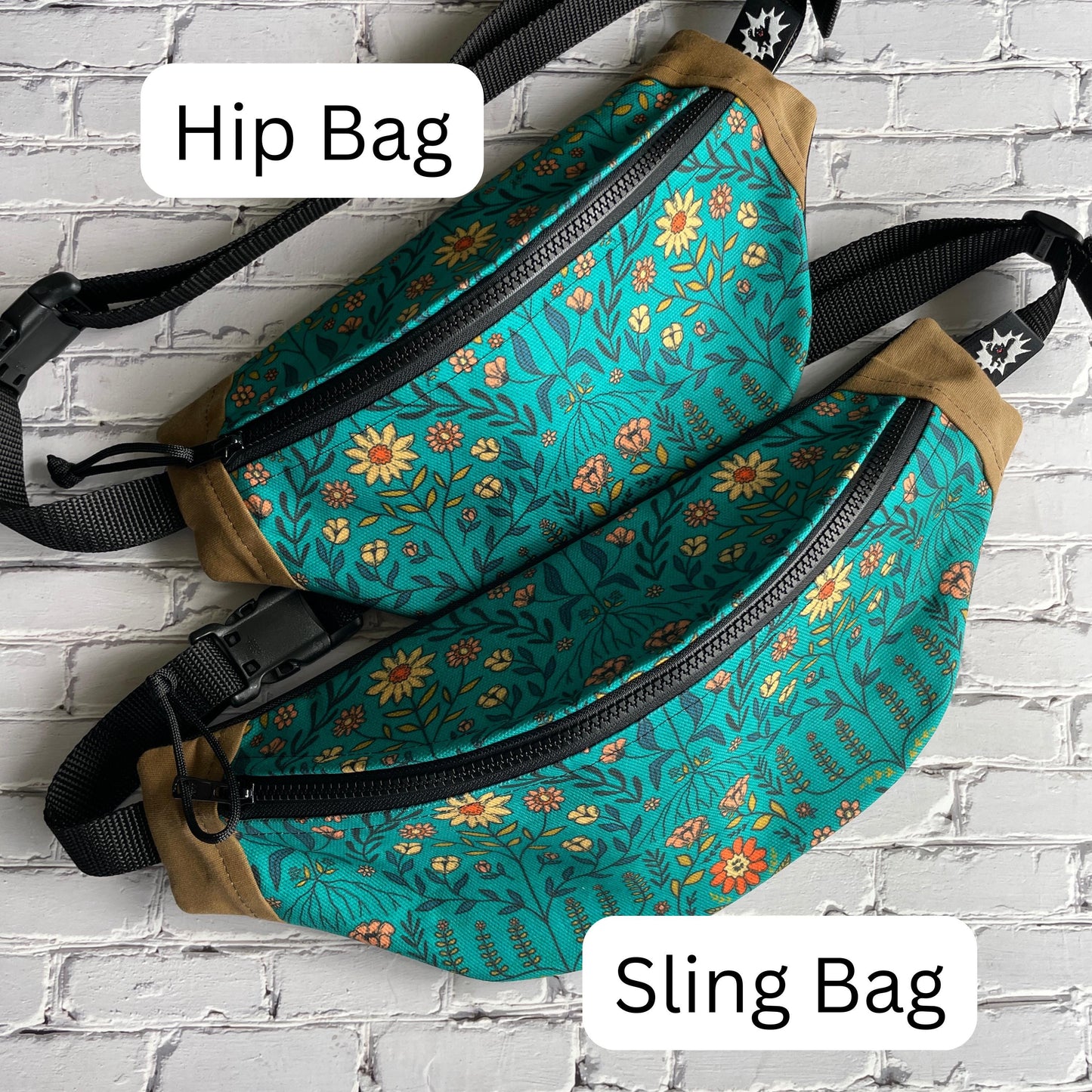 Teal Flowers Waxed Canvas Sling Bag Purse Set | Handmade in the USA | Plus Sized Belts Available