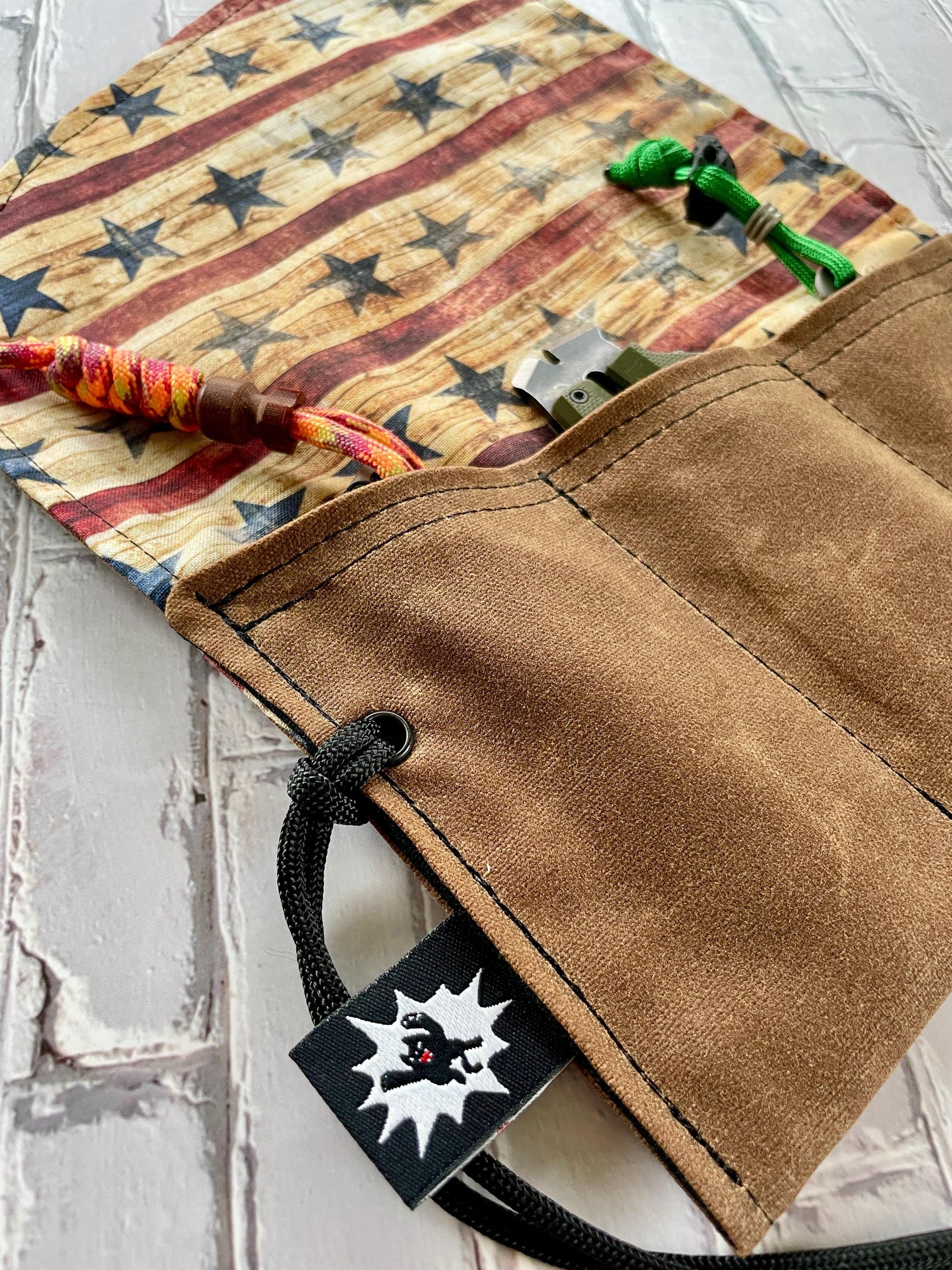 Rugged EDC Tool Roll – Nutmeg Waxed Canvas with Stars and Stripes Liner, Paracord Wrap and Metal Nut Closure, Patriotic Gift for Him