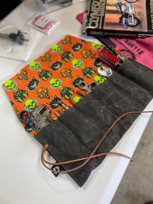 Waxed Canvas Tool Roll: Leather Closure, Mechanic Organizer, Moto Travel