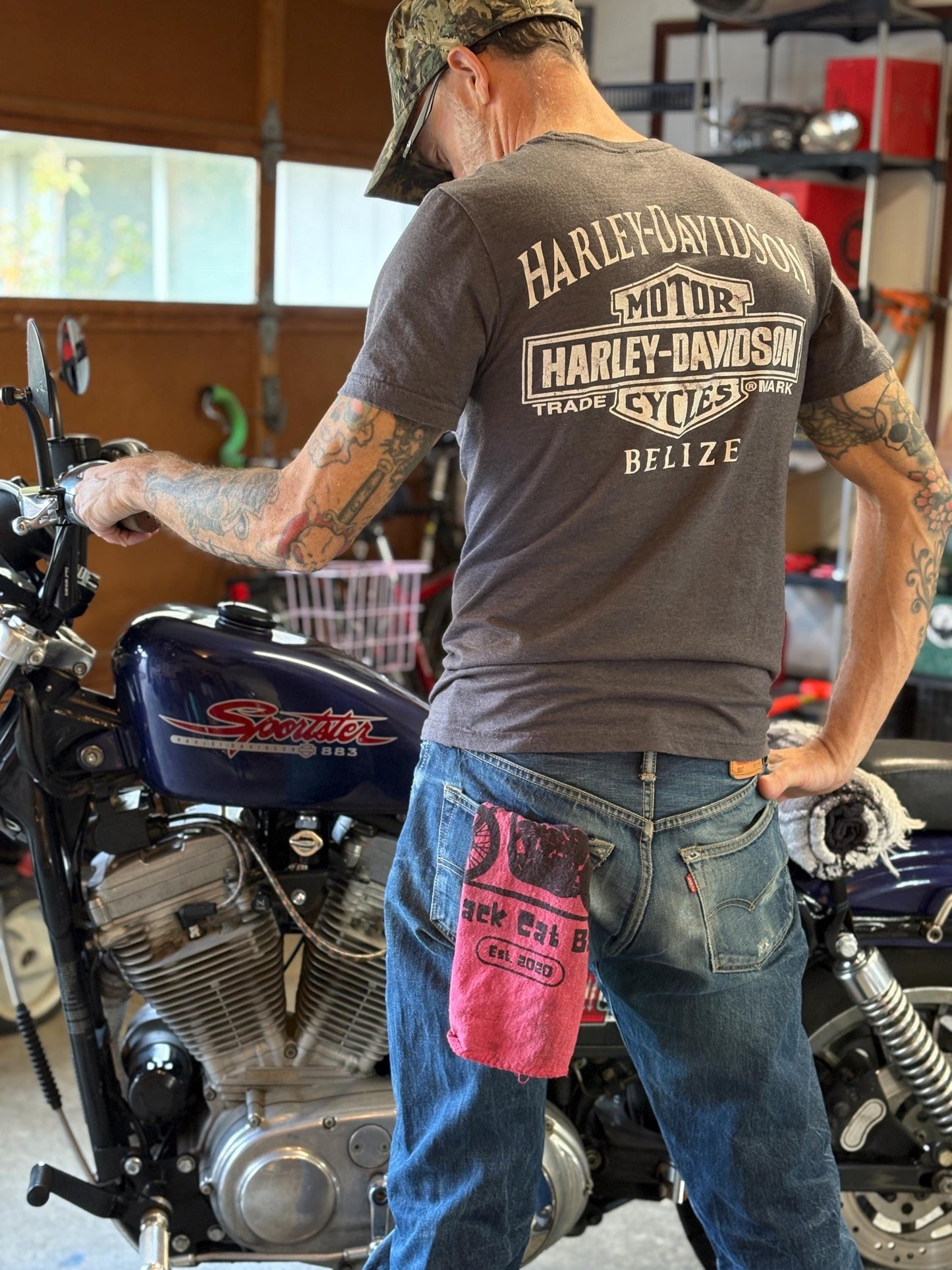 Attack Cat Bags Shop Towels – Set of 3 Red Garage Rags with Motorcycle Print | Mechanic Gift | Reusable Shop Cloth | Handmade in USA