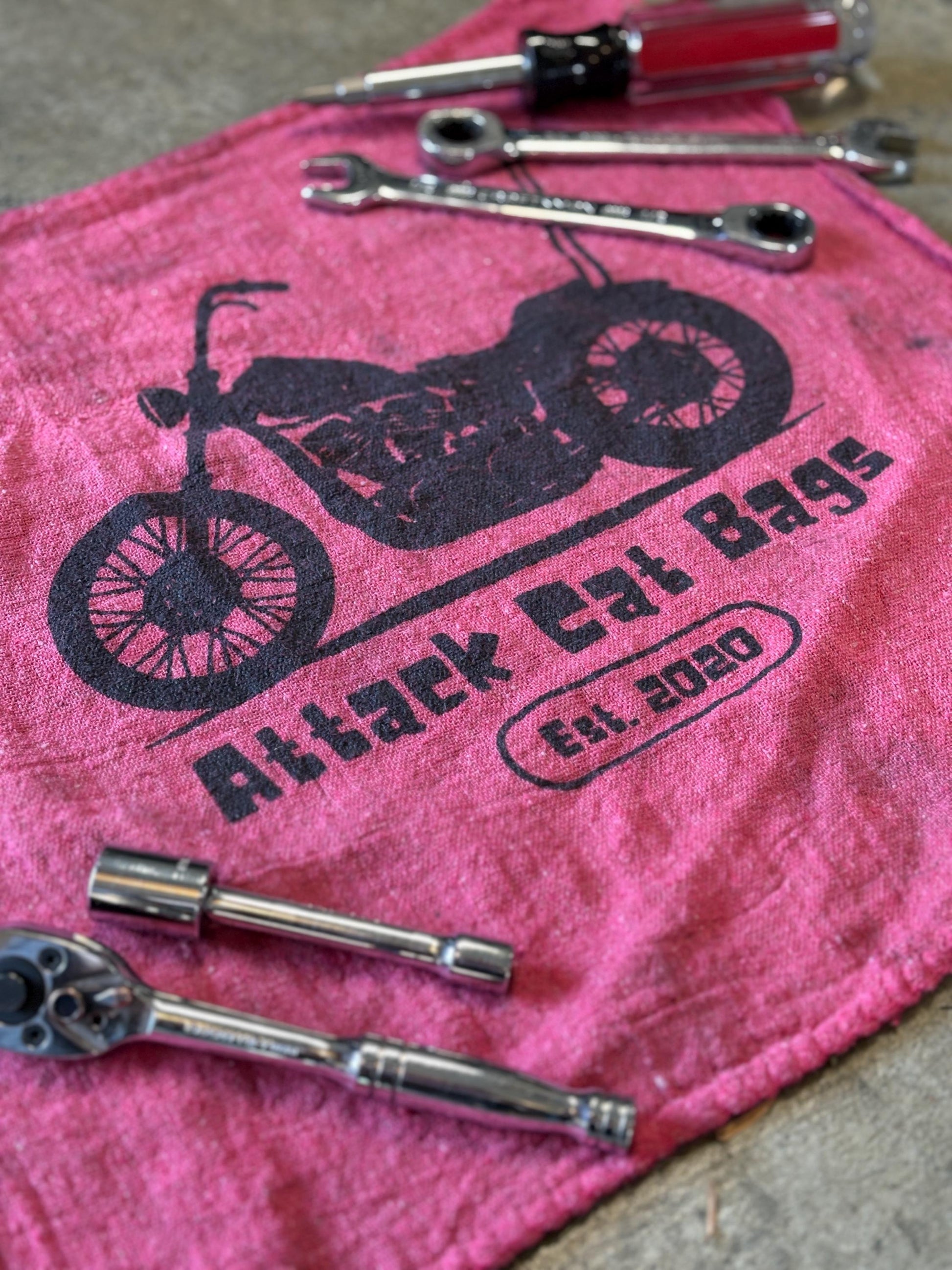 Attack Cat Bags Shop Towels – Set of 3 Red Garage Rags with Motorcycle Print | Mechanic Gift | Reusable Shop Cloth | Handmade in USA