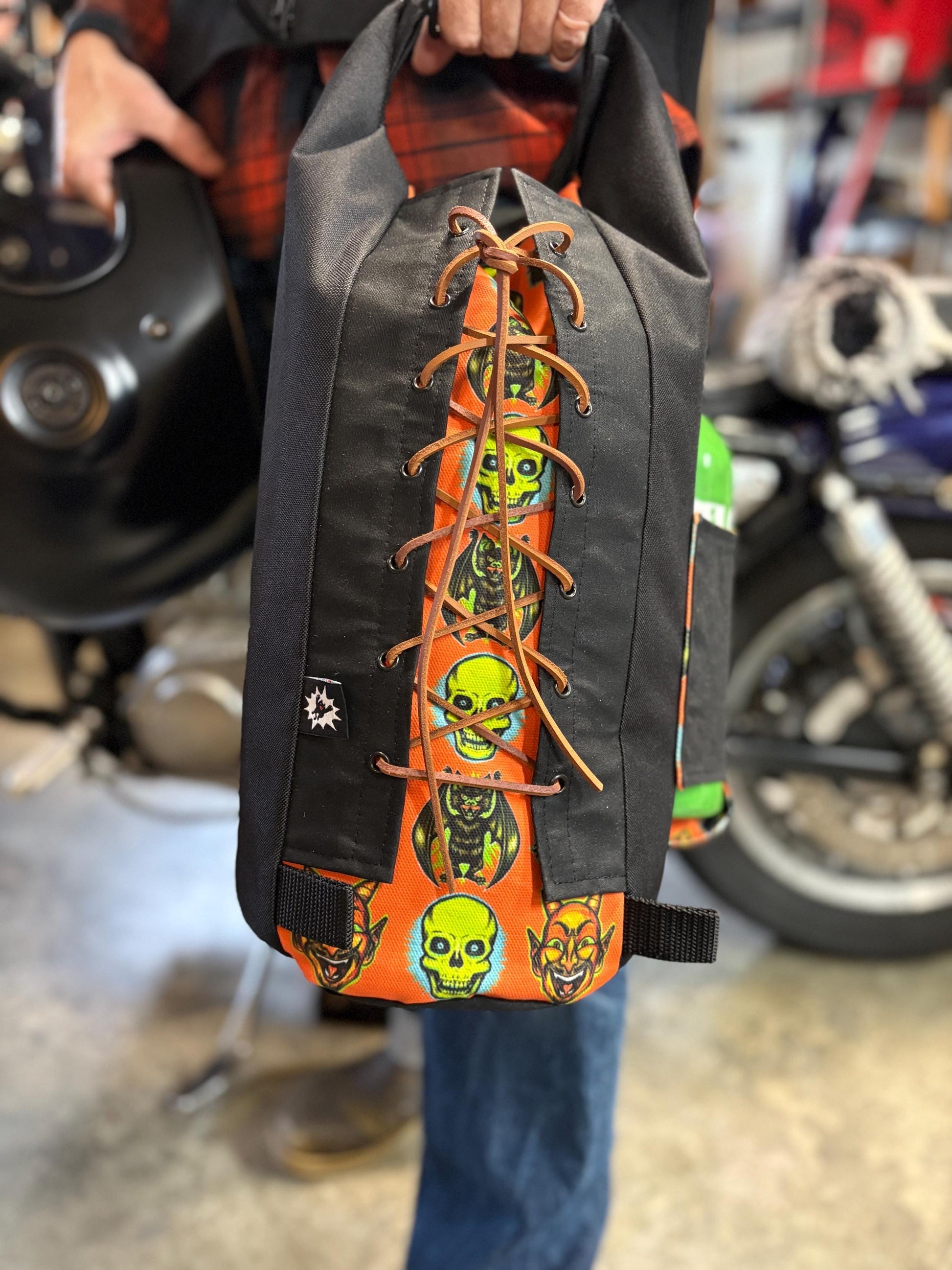Attack Cat Bags Sissy Bar Bag – Waxed Canvas Roll Top Moto Bag with Leather Lace Back | Custom Prints | Motorcycle Gear Sack (10L)