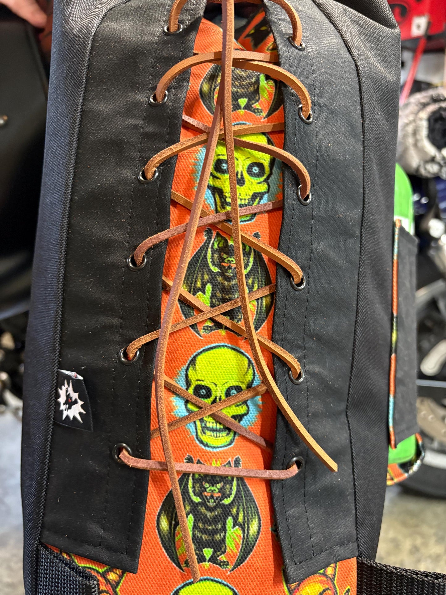 Attack Cat Bags Sissy Bar Bag – Waxed Canvas Roll Top Moto Bag with Leather Lace Back | Custom Prints | Motorcycle Gear Sack (10L)