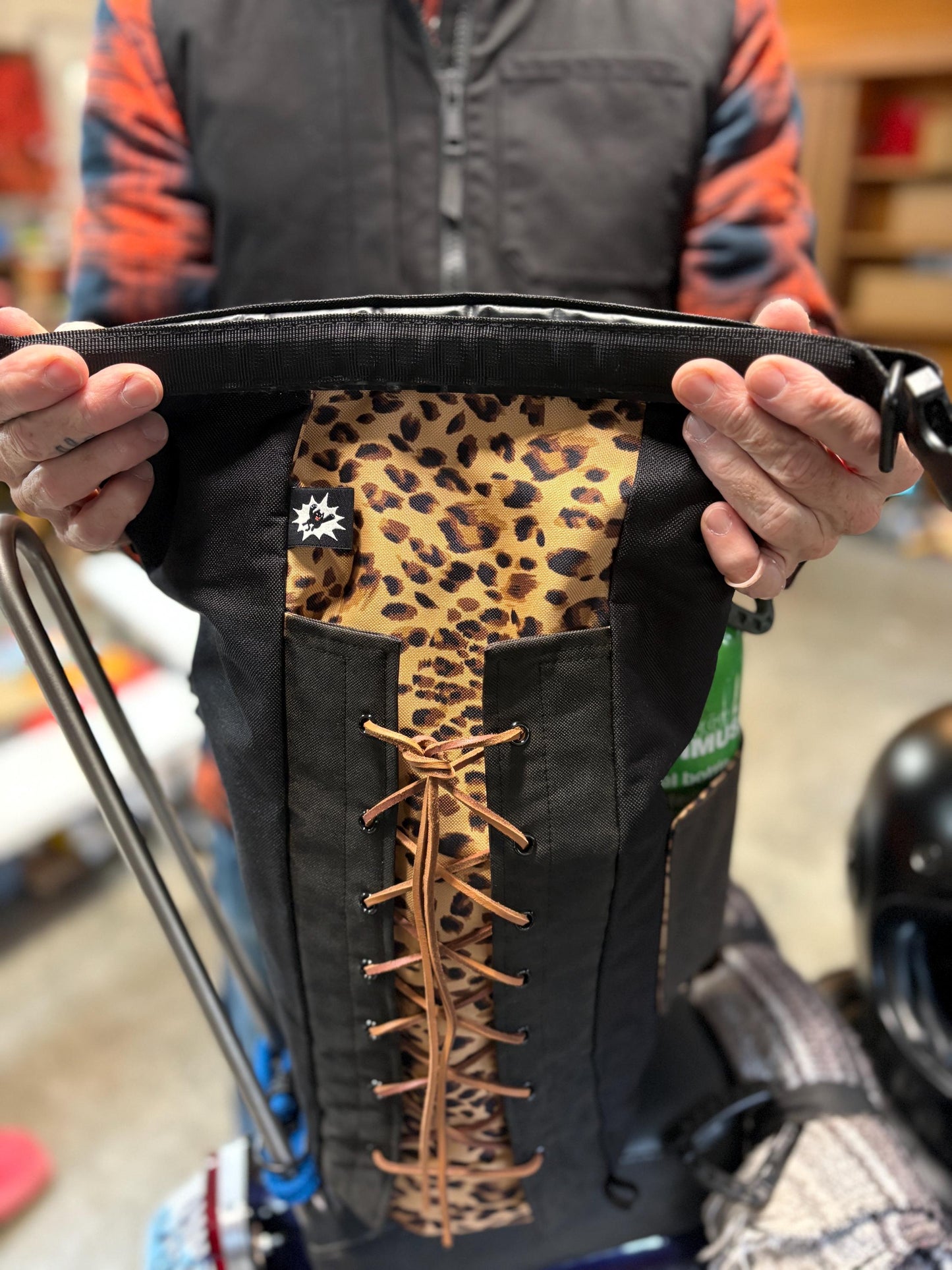 Attack Cat Bags Sissy Bar Bag – Waxed Canvas Roll Top Moto Bag with Leather Lace Back | Custom Prints | Motorcycle Gear Sack (10L)