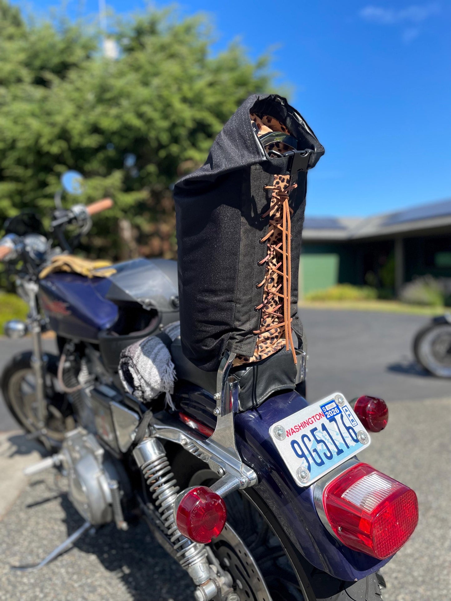 Attack Cat Bags Sissy Bar Bag – Waxed Canvas Roll Top Moto Bag with Leather Lace Back | Custom Prints | Motorcycle Gear Sack (10L)