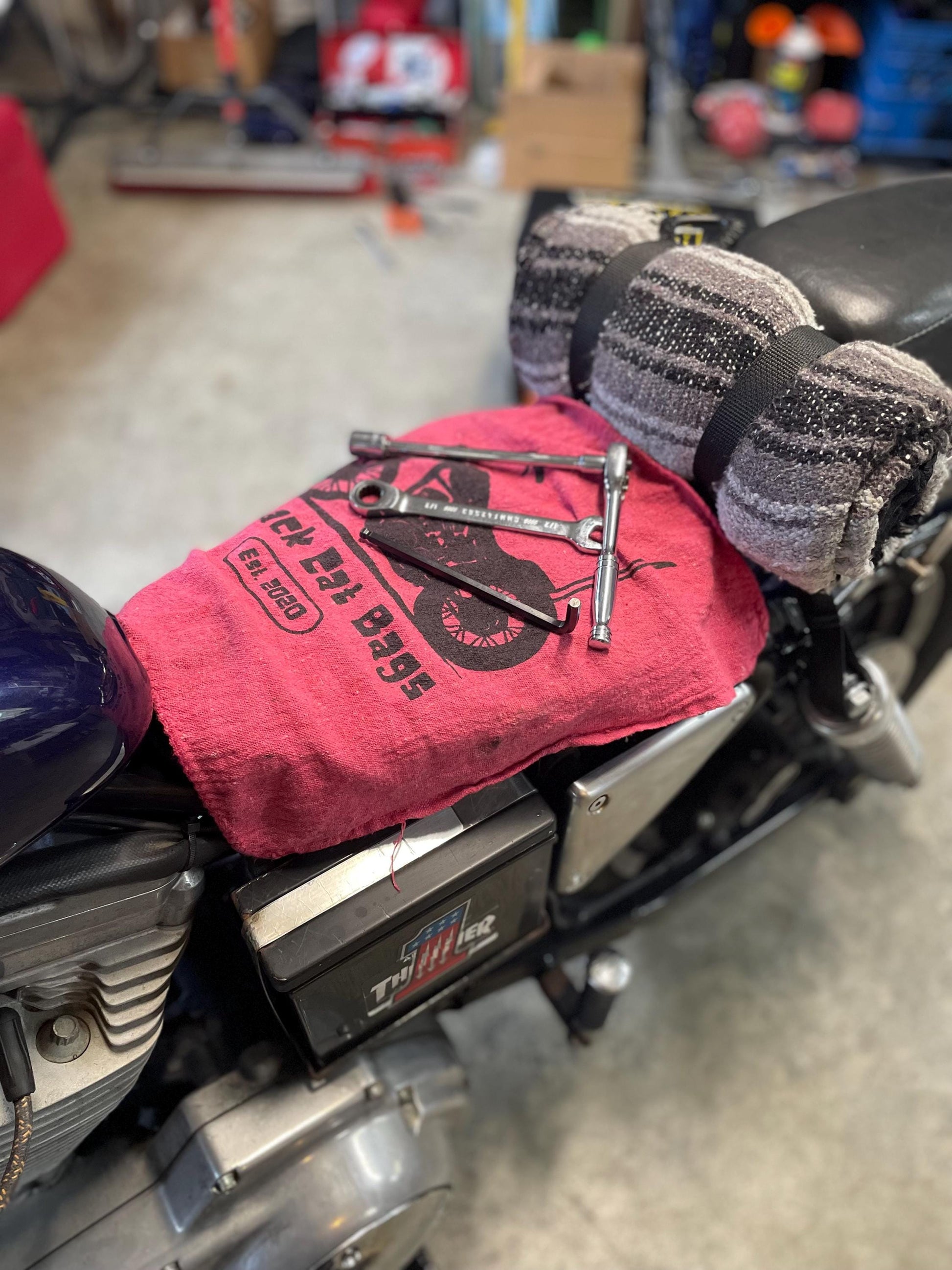 Attack Cat Bags Shop Towels – Set of 3 Red Garage Rags with Motorcycle Print | Mechanic Gift | Reusable Shop Cloth | Handmade in USA