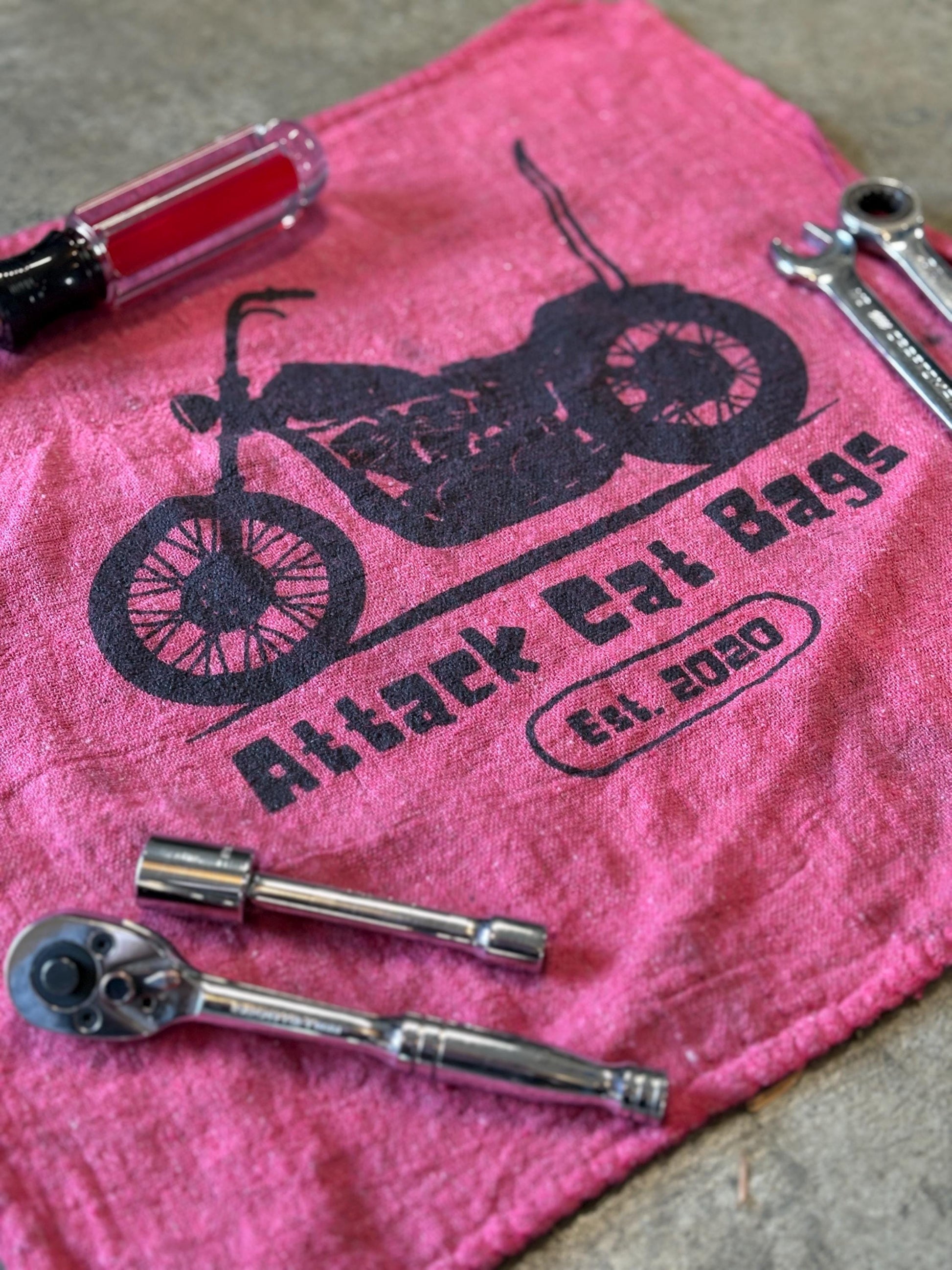 Attack Cat Bags Shop Towels – Set of 3 Red Garage Rags with Motorcycle Print | Mechanic Gift | Reusable Shop Cloth | Handmade in USA