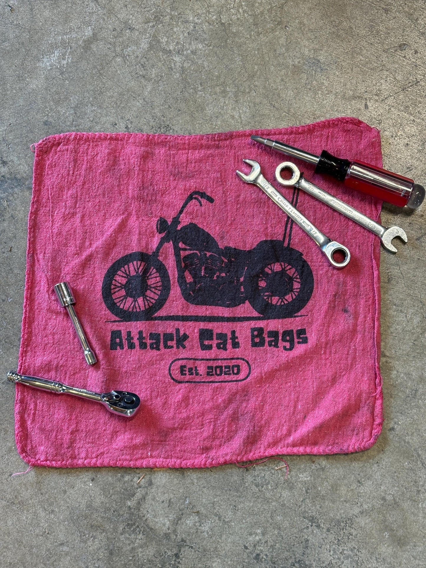 Attack Cat Bags Shop Towels – Set of 3 Red Garage Rags with Motorcycle Print | Mechanic Gift | Reusable Shop Cloth | Handmade in USA