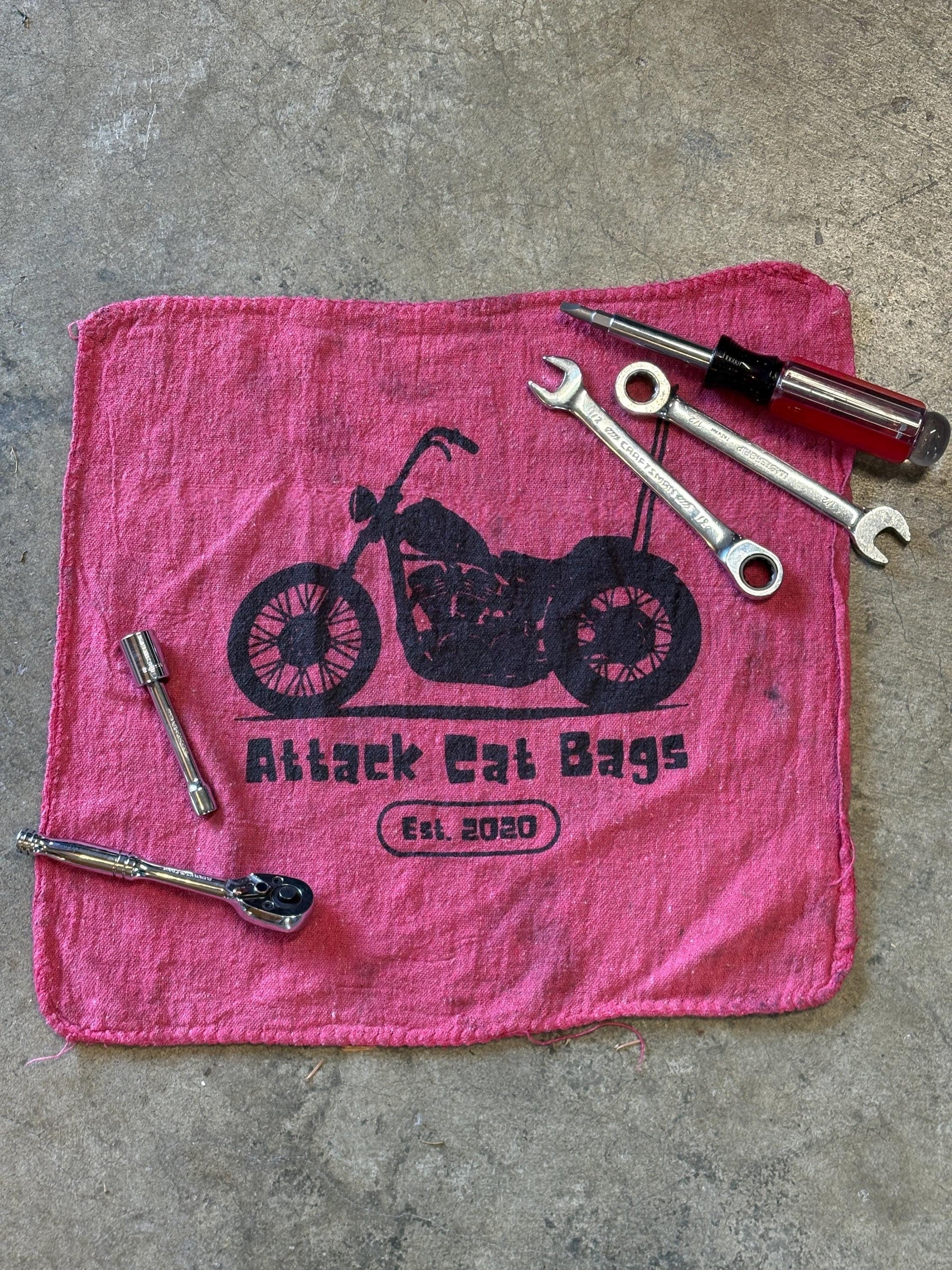 Attack Cat Bags Shop Towels – Set of 3 Red Garage Rags with Motorcycle Print | Mechanic Gift | Reusable Shop Cloth | Handmade in USA