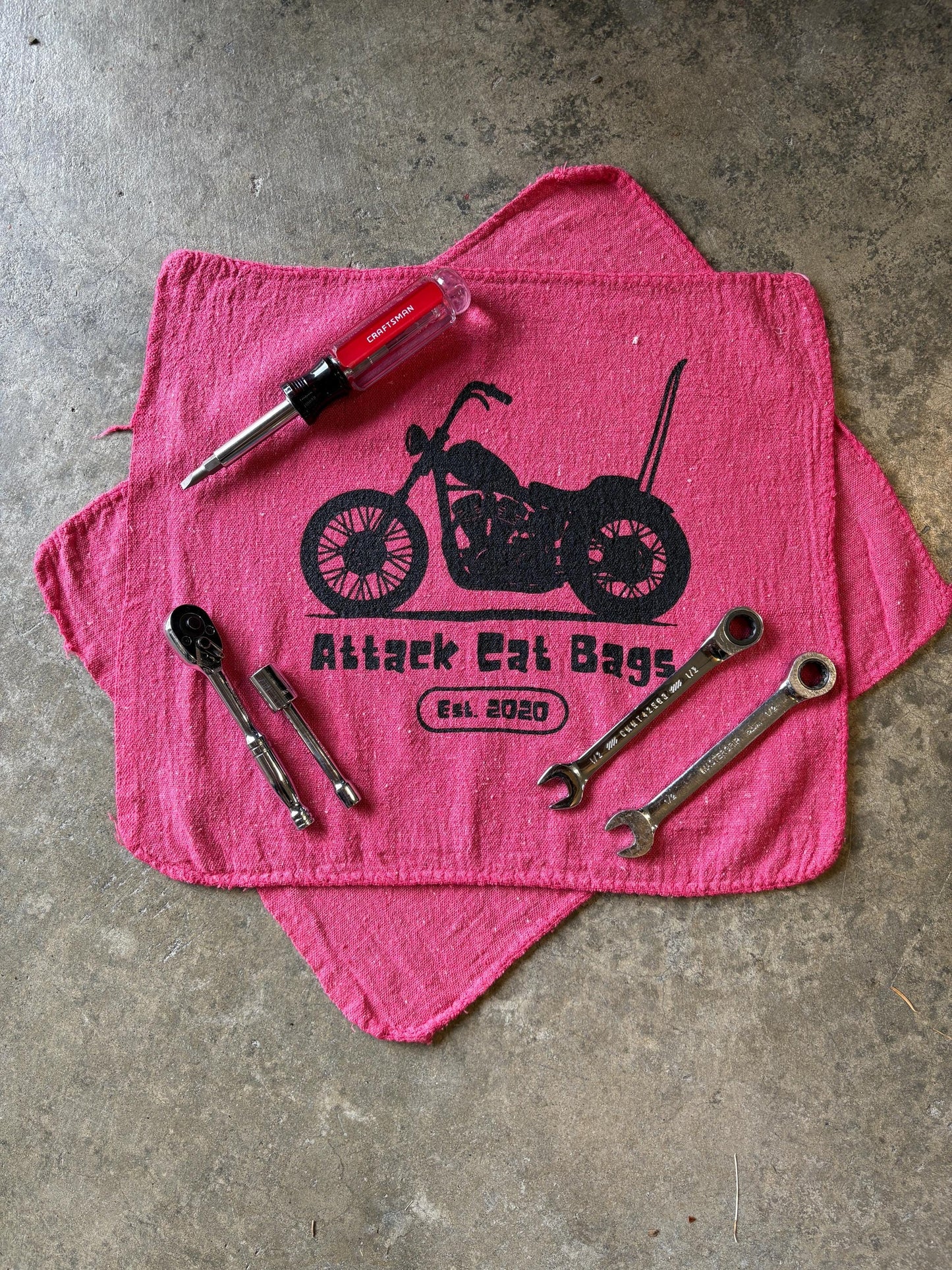 Attack Cat Bags Shop Towels – Set of 3 Red Garage Rags with Motorcycle Print | Mechanic Gift | Reusable Shop Cloth | Handmade in USA