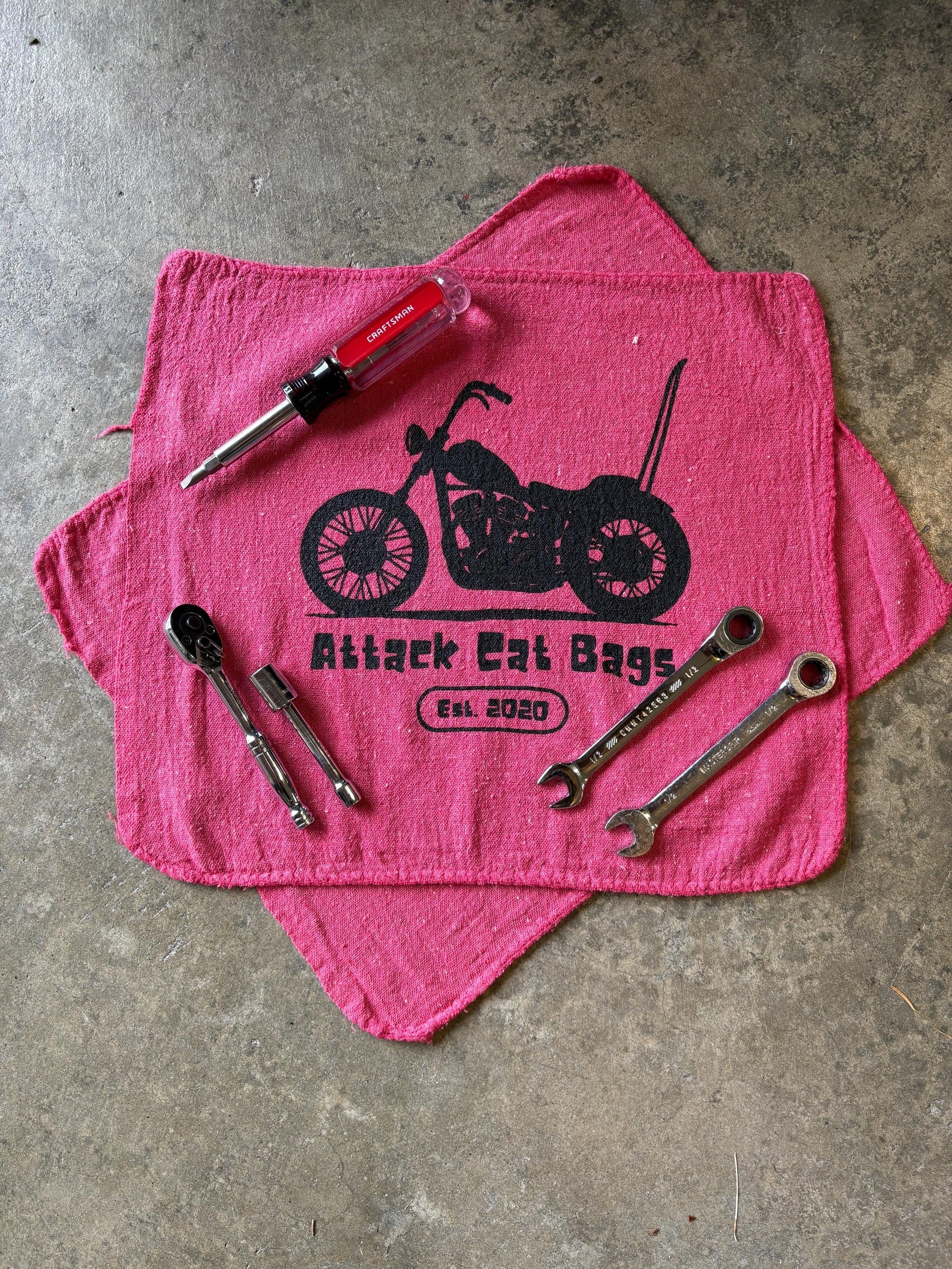 Attack Cat Bags Shop Towels – Set of 3 Red Garage Rags with Motorcycle Print | Mechanic Gift | Reusable Shop Cloth | Handmade in USA