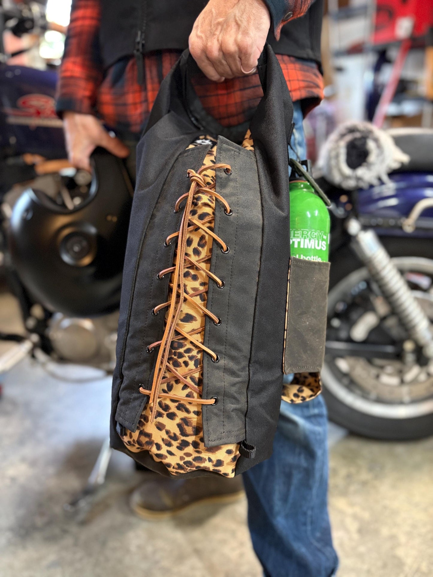 Attack Cat Bags Sissy Bar Bag – Waxed Canvas Roll Top Moto Bag with Leather Lace Back | Custom Prints | Motorcycle Gear Sack (10L)