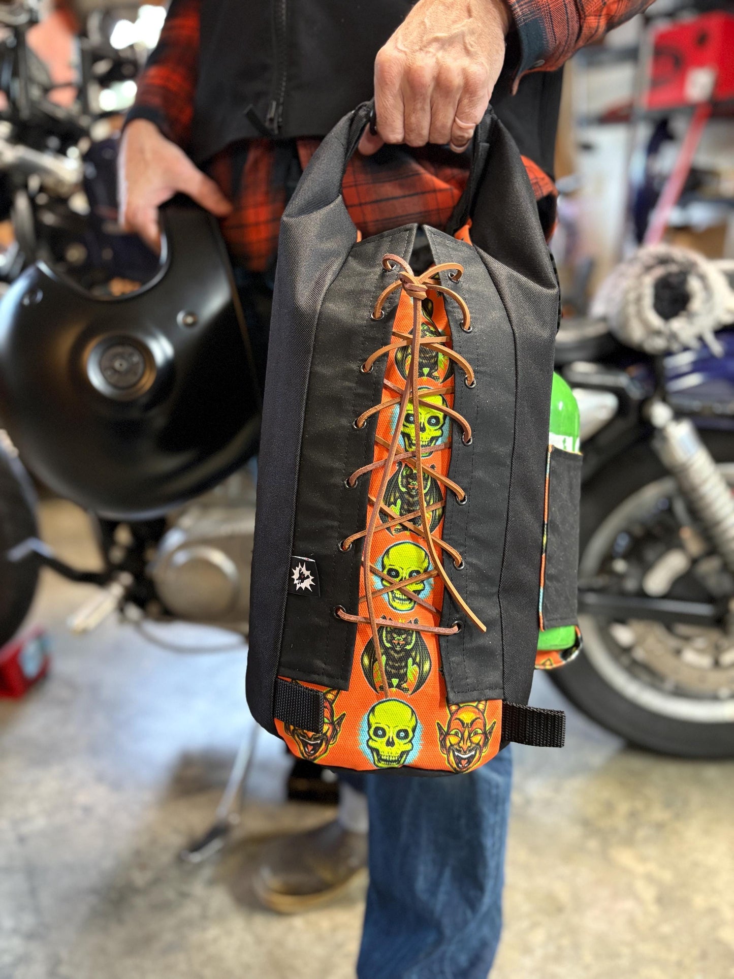 Attack Cat Bags Sissy Bar Bag – Waxed Canvas Roll Top Moto Bag with Leather Lace Back | Custom Prints | Motorcycle Gear Sack (10L)