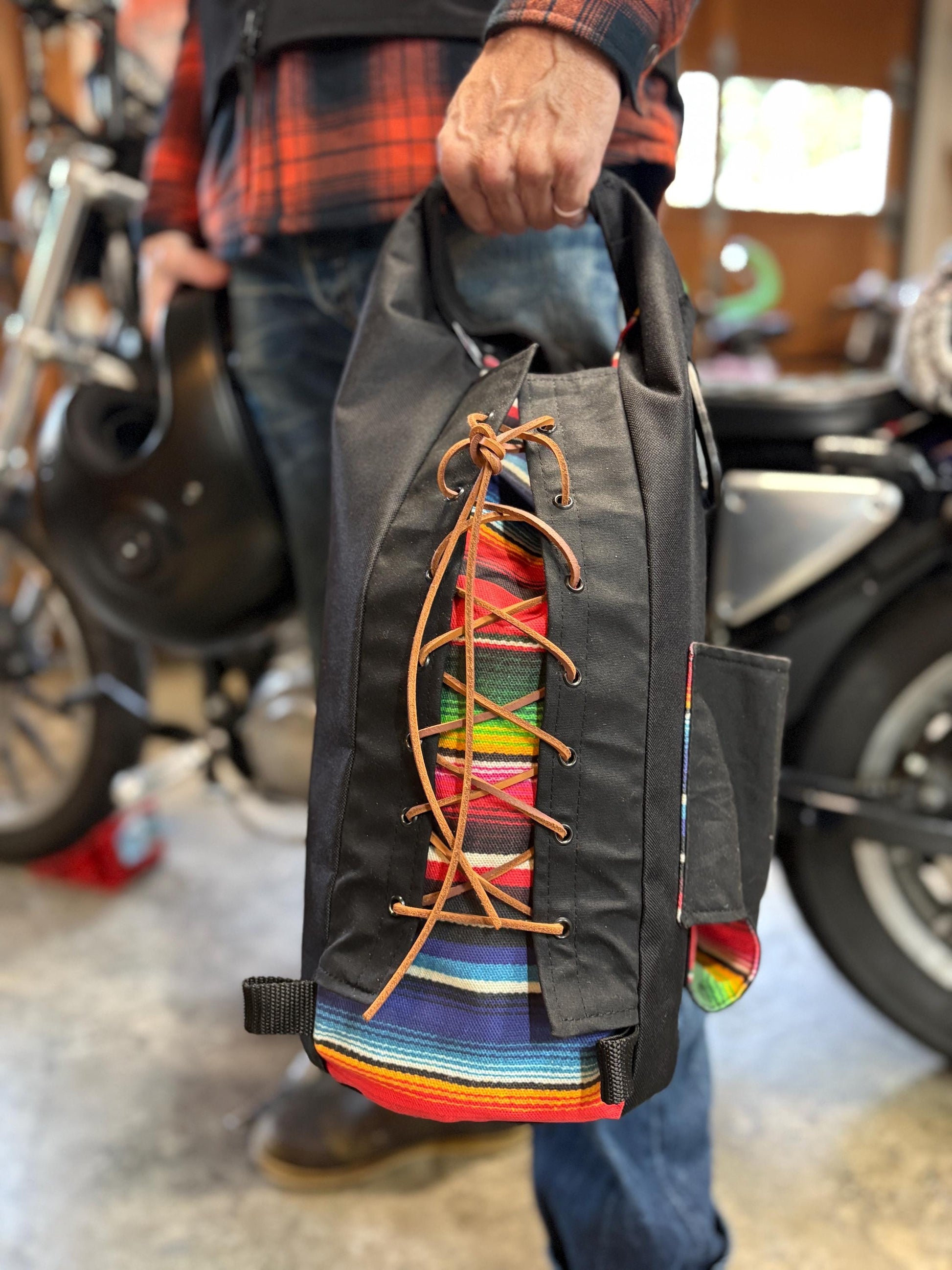 Attack Cat Bags Sissy Bar Bag – Waxed Canvas Roll Top Moto Bag with Leather Lace Back | Custom Prints | Motorcycle Gear Sack (10L)