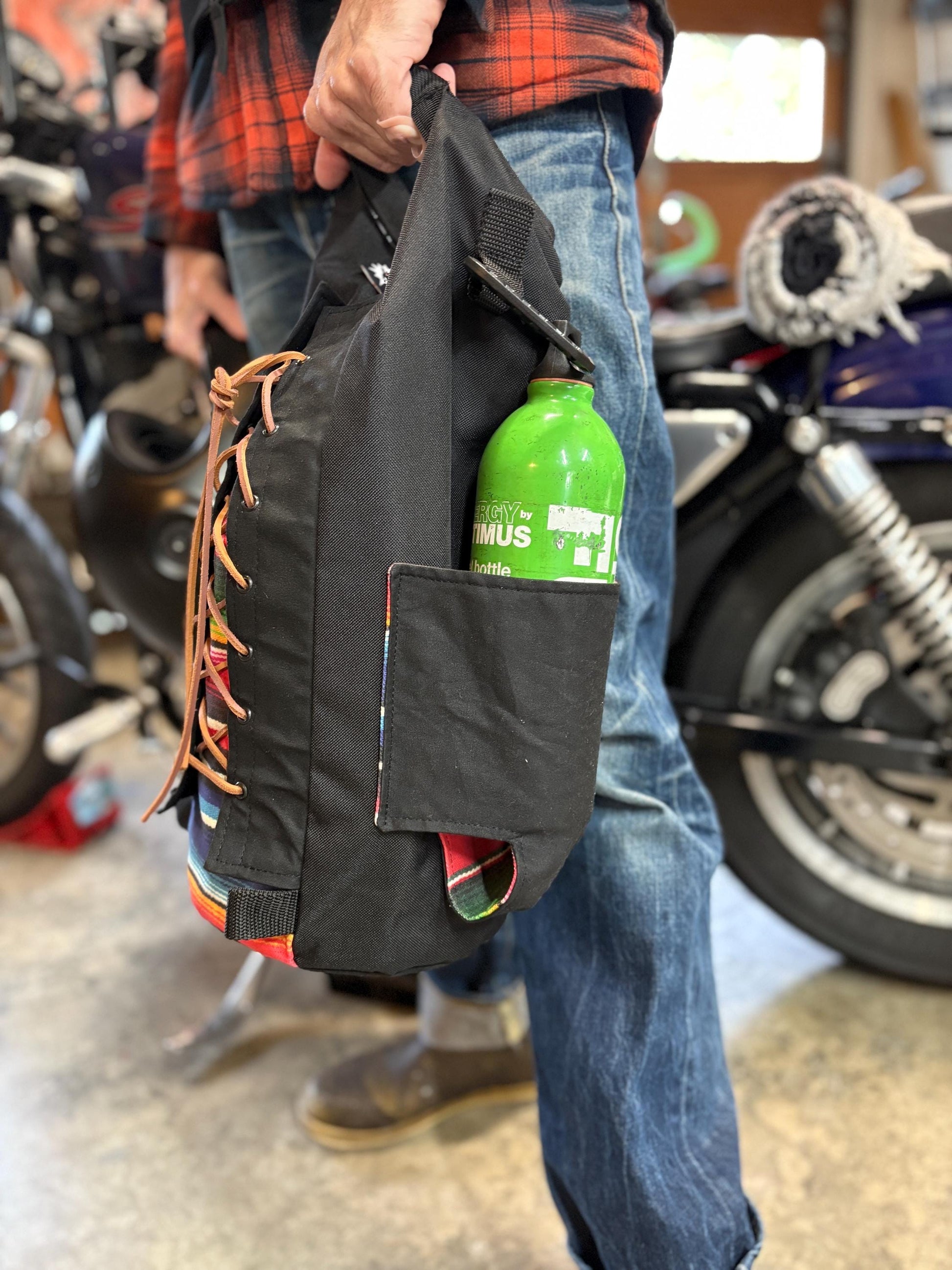 Attack Cat Bags Sissy Bar Bag – Waxed Canvas Roll Top Moto Bag with Leather Lace Back | Custom Prints | Motorcycle Gear Sack (10L)