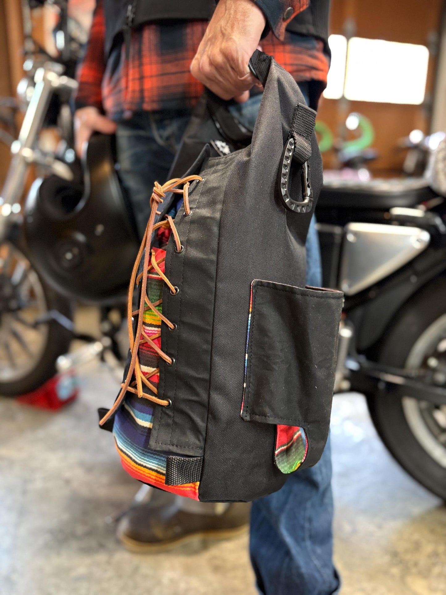 Attack Cat Bags Sissy Bar Bag – Waxed Canvas Roll Top Moto Bag with Leather Lace Back | Custom Prints | Motorcycle Gear Sack (10L)