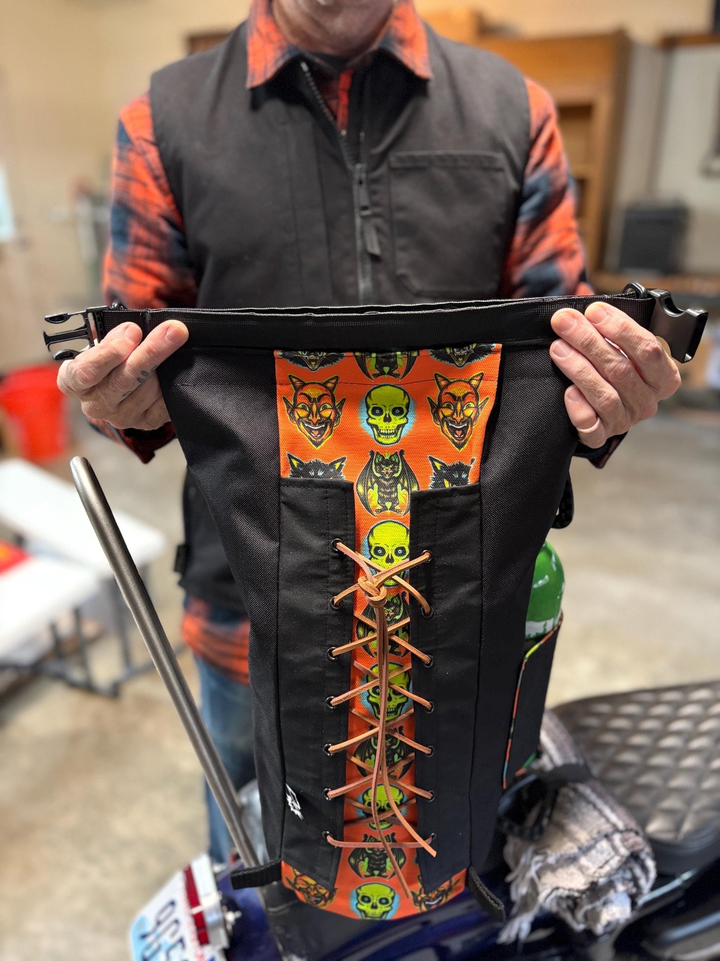 Attack Cat Bags Sissy Bar Bag – Waxed Canvas Roll Top Moto Bag with Leather Lace Back | Custom Prints | Motorcycle Gear Sack (10L)