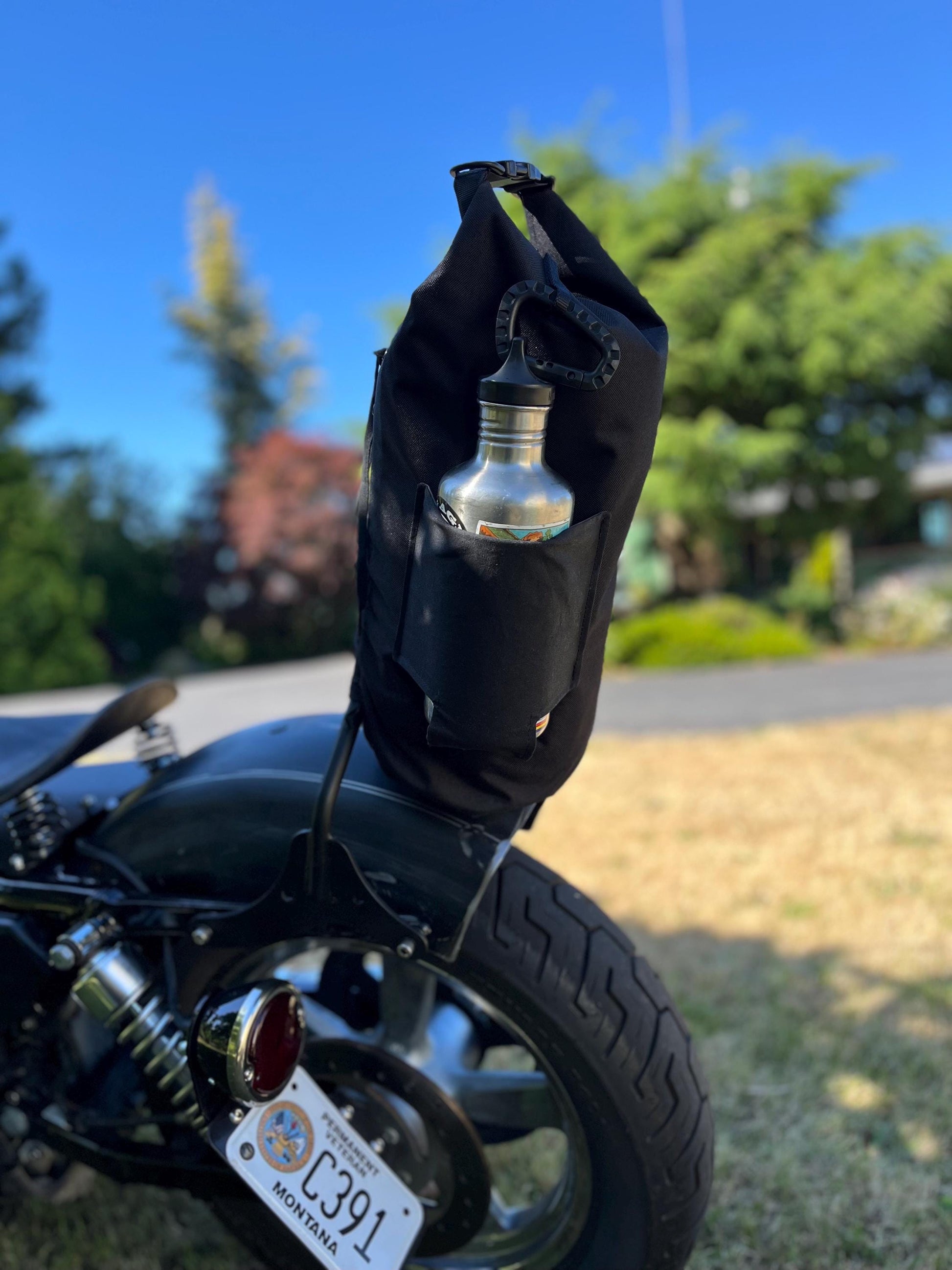 Attack Cat Bags Sissy Bar Bag – Waxed Canvas Roll Top Moto Bag with Leather Lace Back | Custom Prints | Motorcycle Gear Sack (10L)