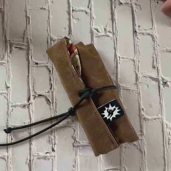 Rugged EDC Tool Roll – Nutmeg Waxed Canvas with Stars and Stripes Liner, Paracord Wrap and Metal Nut Closure, Patriotic Gift for Him