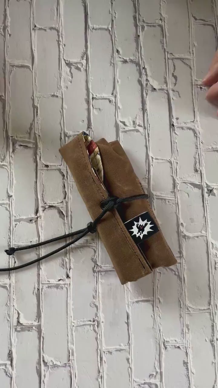 Rugged EDC Tool Roll – Nutmeg Waxed Canvas with Stars and Stripes Liner, Paracord Wrap and Metal Nut Closure, Patriotic Gift for Him