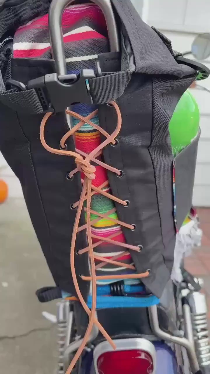 Attack Cat Bags Sissy Bar Bag – Waxed Canvas Roll Top Moto Bag with Leather Lace Back | Custom Prints | Motorcycle Gear Sack (10L)