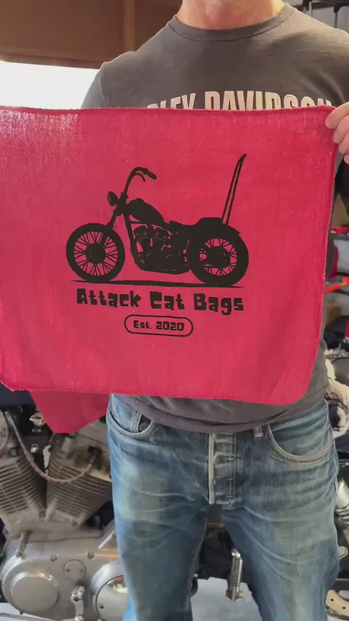 Attack Cat Bags Shop Towels – Set of 3 Red Garage Rags with Motorcycle Print | Mechanic Gift | Reusable Shop Cloth | Handmade in USA