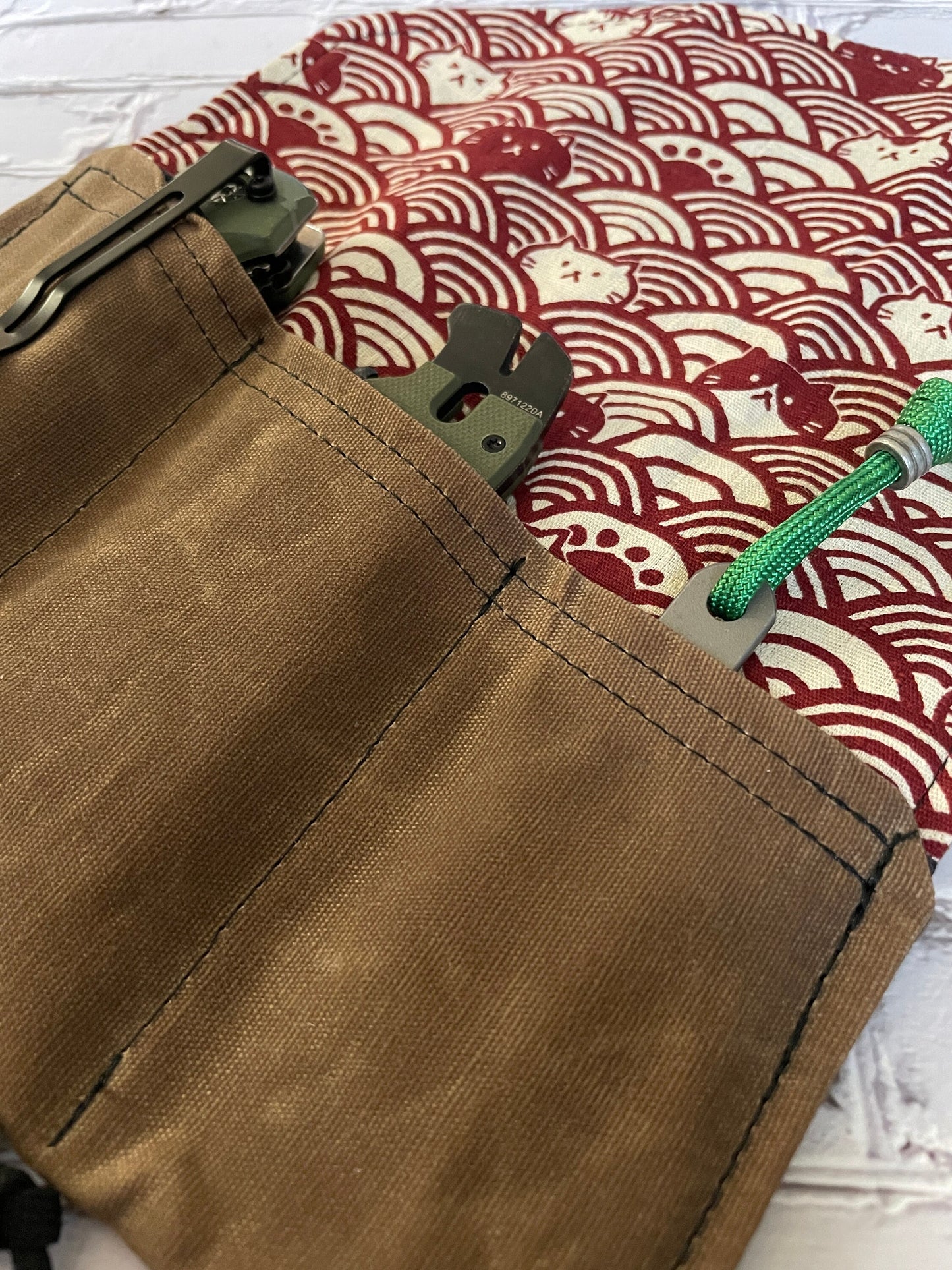 EDC Tool Roll | Waxed Canvas Tool Pouch | Every Day Carry Gear | Edc Pocket Organizer | Knife Roll | Seigaiha Wave Hank| Cat Wave Red