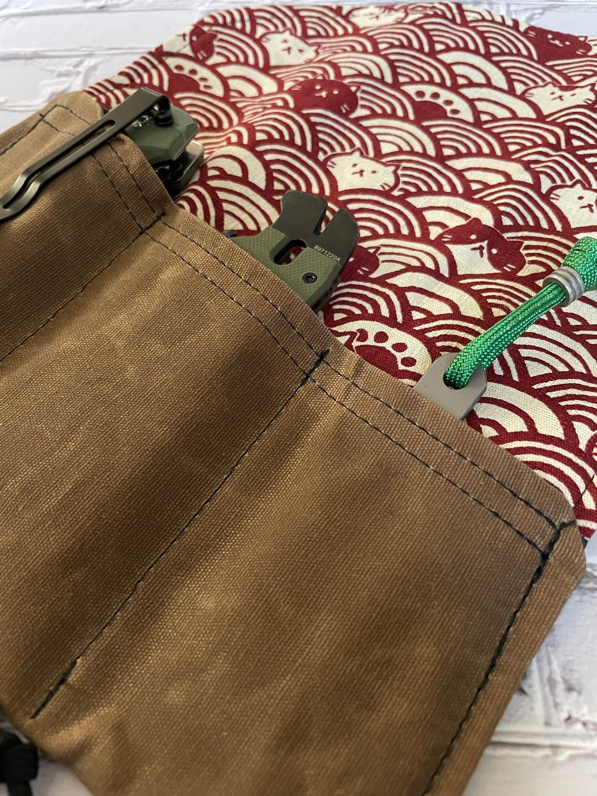 EDC Tool Roll | Waxed Canvas Tool Pouch | Every Day Carry Gear | Edc Pocket Organizer | Knife Roll | Seigaiha Wave Hank| Cat Wave Red