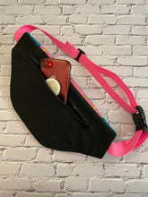 Load image into Gallery viewer, Donut Sprinkles Waxed Canvas Sling Bag | Fanny Pack with Pockets | Roller Skate Sport Bag | Plus Size Belts back | Hot Pink Doughnut Print
