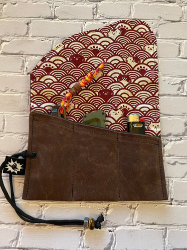 EDC Tool Roll | Waxed Canvas Tool Pouch | Every Day Carry Gear | Edc Pocket Organizer | Knife Roll | Seigaiha Wave Hank| Cat Wave Red
