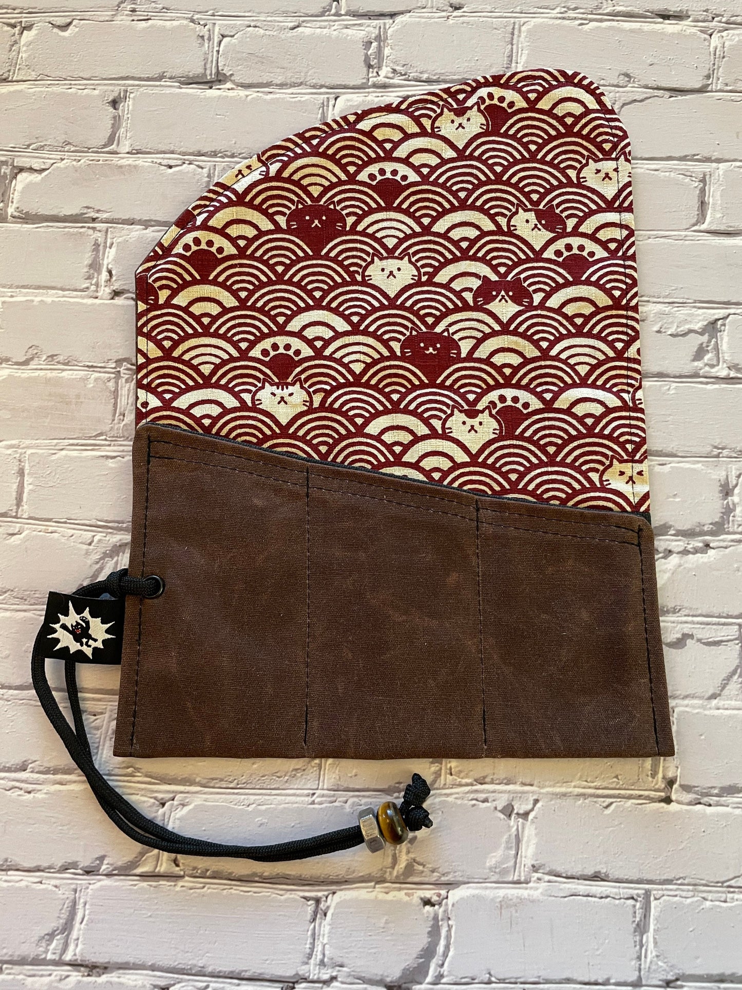 EDC Tool Roll | Waxed Canvas Tool Pouch | Every Day Carry Gear | Edc Pocket Organizer | Knife Roll | Seigaiha Wave Hank| Cat Wave Red