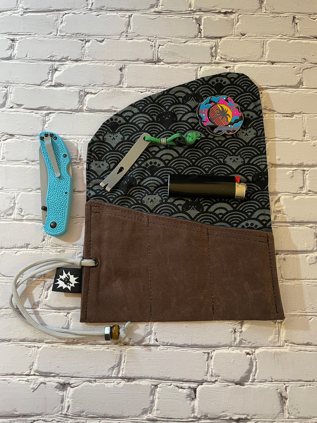 EDC Tool Roll | Waxed Canvas Tool Pouch | Every Day Carry Gear Bag | Pocket Organizer | Knife Roll | Pocket Dump Display Hank |Grey cat wave