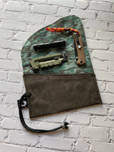 Load image into Gallery viewer, EDC Tool Roll | Waxed Canvas Tool Pouch | Every Day Carry Gear Bag | Pocket Organizer | Knife Roll | Pocket Dump Display Hank | Blue Camo
