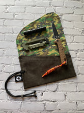 Load image into Gallery viewer, EDC Tool Roll | Waxed Canvas Tool Pouch | Every Day Carry Gear Bag | Pocket Organizer | Knife Roll | Pocket Dump Display Hank | Green Camo
