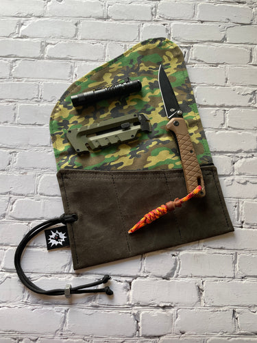EDC Tool Roll | Waxed Canvas Tool Pouch | Every Day Carry Gear Bag | Pocket Organizer | Knife Roll | Pocket Dump Display Hank | Green Camo