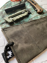 Load image into Gallery viewer, EDC Tool Roll | Waxed Canvas Tool Pouch | Every Day Carry Gear Bag | Pocket Organizer | Knife Roll | Pocket Dump Display Hank | Blue Camo
