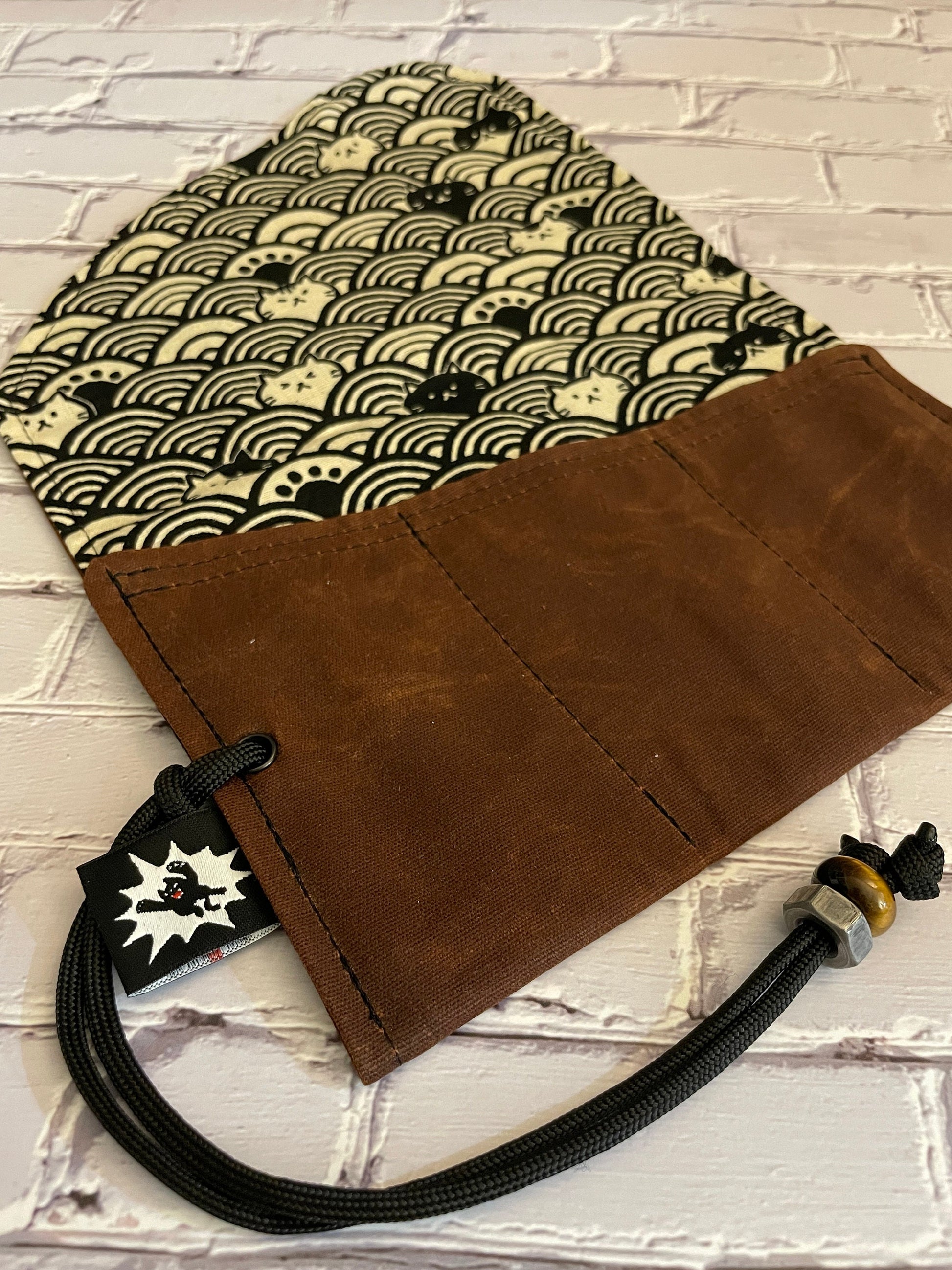 EDC Tool Roll | Waxed Canvas Tool Pouch | Every Day Carry Gear Bag |Pocket Organizer | Knife Roll | Pocket Dump Display Hank | Black Cat