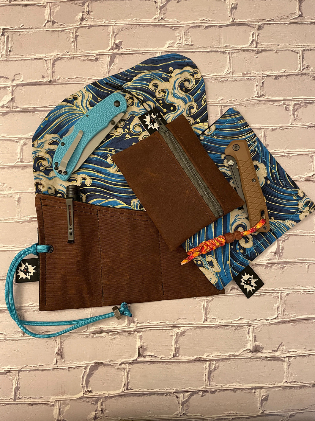 EDC Hank Set | Handkerchief for Every Day Carry |  Gear for EDC Organizer Pouch | Gift Set | Pocket Dump Combo Pack | Seigaiha Wave Blue