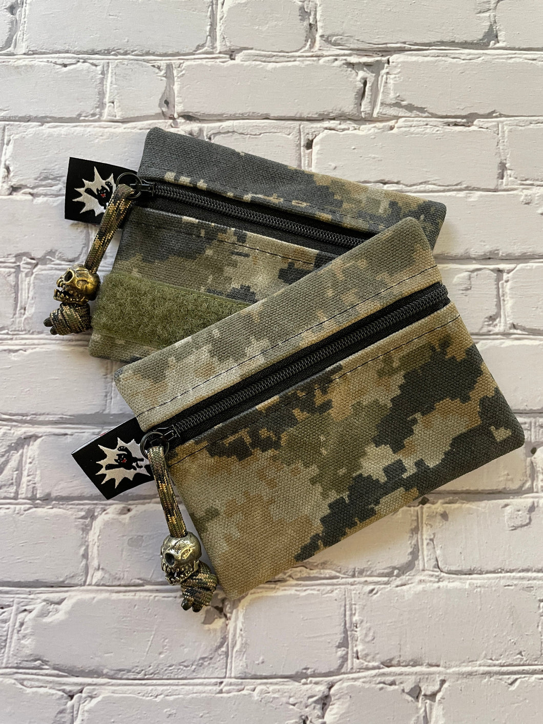 Waxed Canvas EDC Pouch | Mini Pouch | Small Zipper Wallet | Everyday Carry Bag | Hook and Loop Pouch | EDC Gear | Camo Tactical Scull Bead